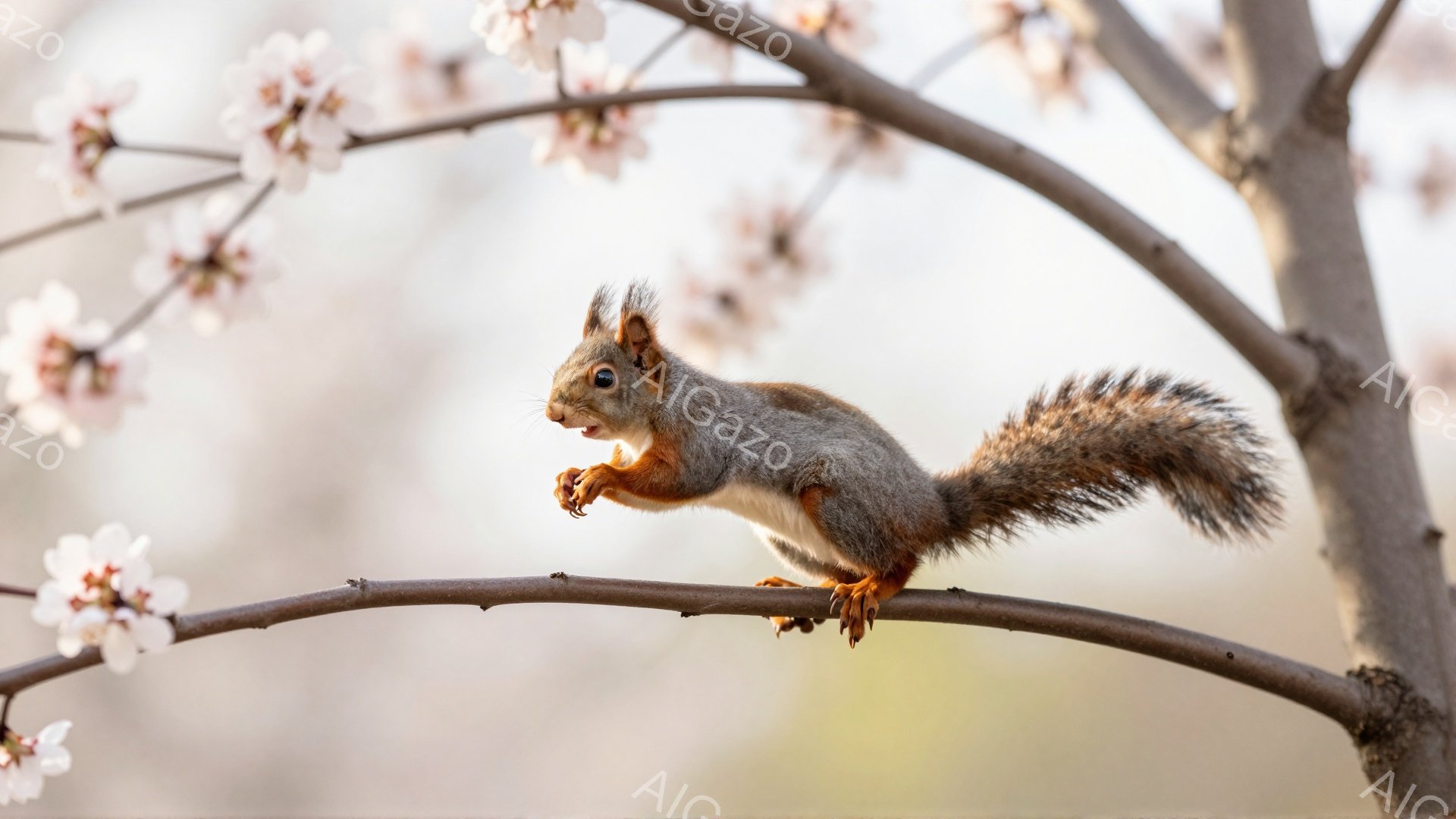 リスが枝にとまってこちらを見ています。背景には、ぼんやりと桜の花が咲いており、春の穏やかな雰囲気を感じさせます。リスの毛並みは美しく、生き生きとした様子が伝わってきます。