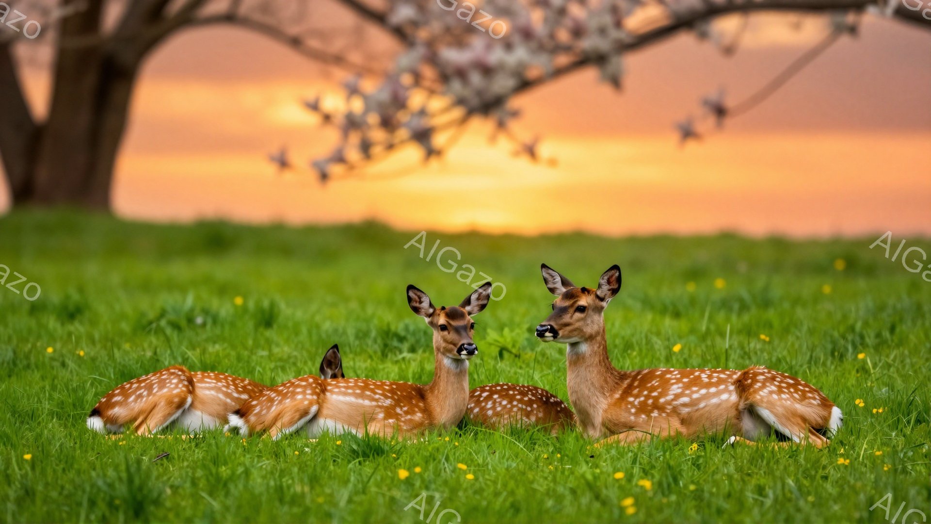 緑の草原に3匹のシカが横たわっています。夕焼け空の下、シカたちはリラックスした様子で草を食んでいます。背景には桜の木があり、暖かく穏やかな雰囲気を醸し出しています。 - AI生成フリー素材