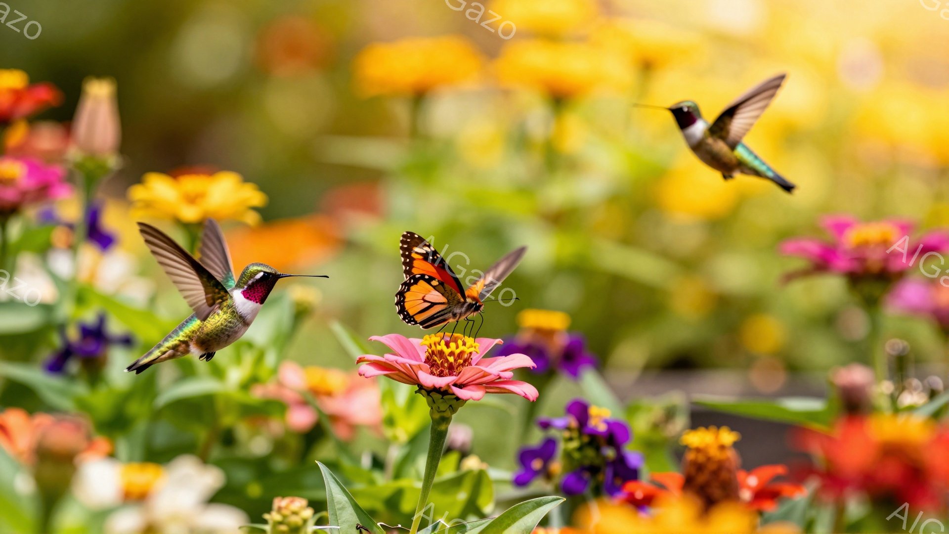 カラフルな花畑で、ハチドリと蝶が蜜を求めて飛び回っている。鮮やかな色彩と柔らかな光が、夏の暖かい日差しの中で生命力に満ちたシーンを作り出している。背景の花々は多様で、自然の美しさを強調している。 - AI生成フリー素材