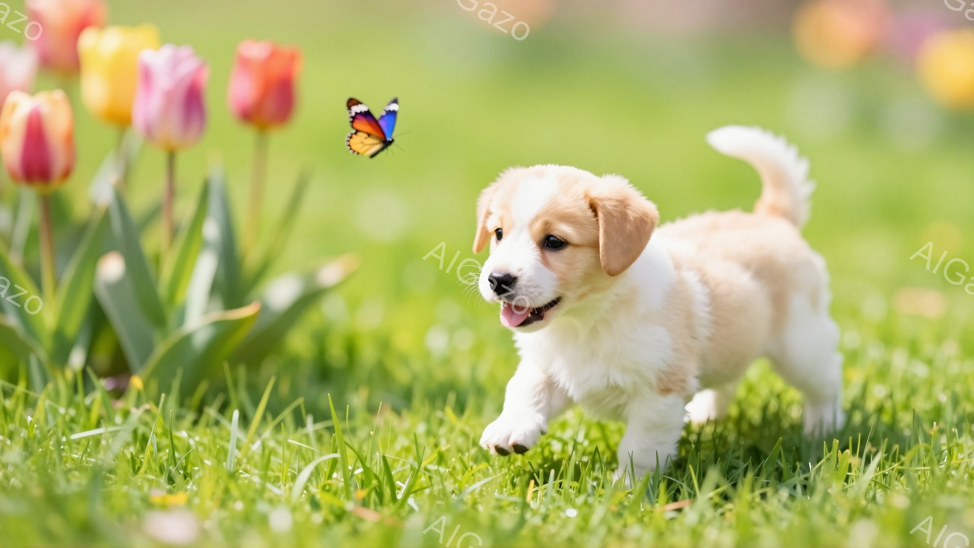 緑豊かな草原で、子犬が蝶を追いかけています。タンポポやチューリップが咲き乱れ、暖かく穏やかな春の日の雰囲気が漂っています。子犬は遊び心いっぱいの表情で、可愛らしい姿を見せています。 - AI生成フリー素材