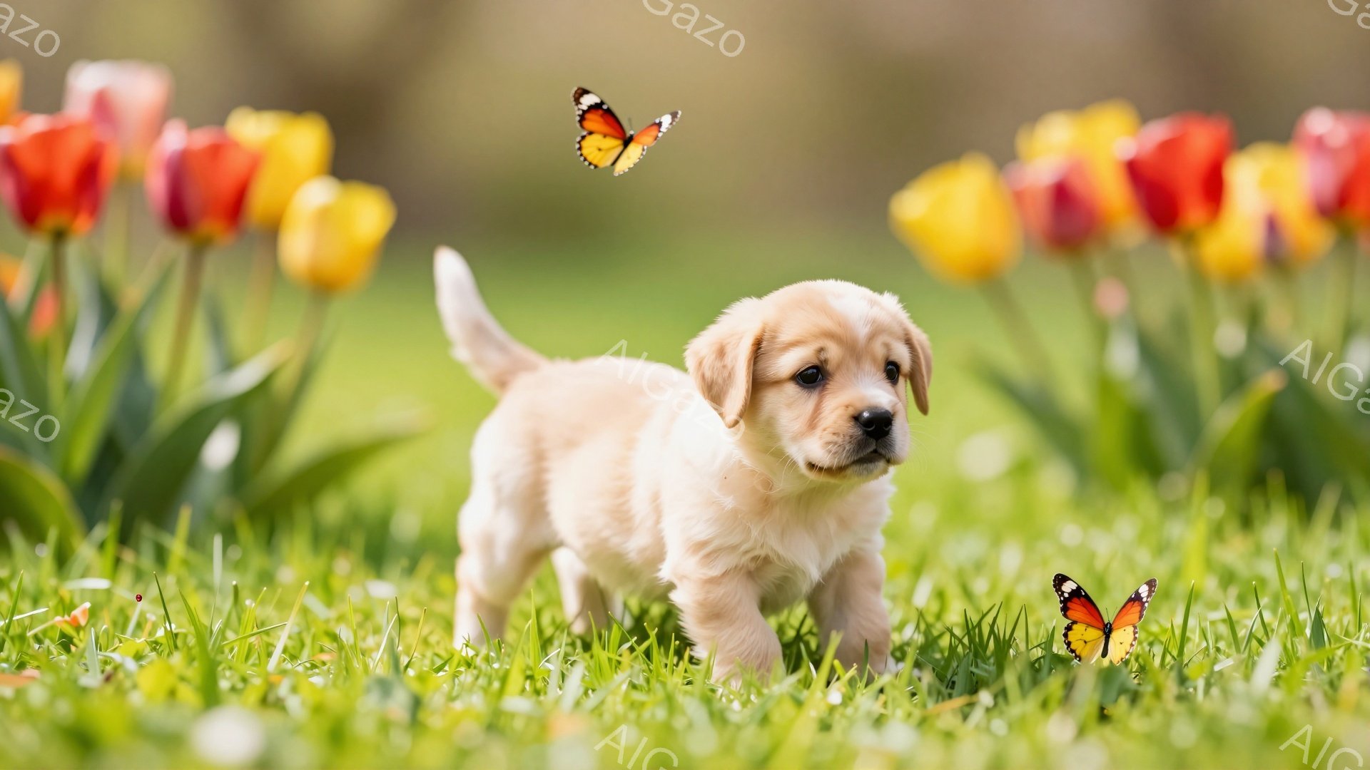 春の草原で子犬が蝶を追いかけて遊んでいます。背景には色とりどりのチューリップが咲き乱れ、暖かく穏やかな雰囲気です。柔らかい毛並みの黄色い子犬は、無邪気な表情で春の訪れを感じさせてくれます。 - AI生成フリー素材
