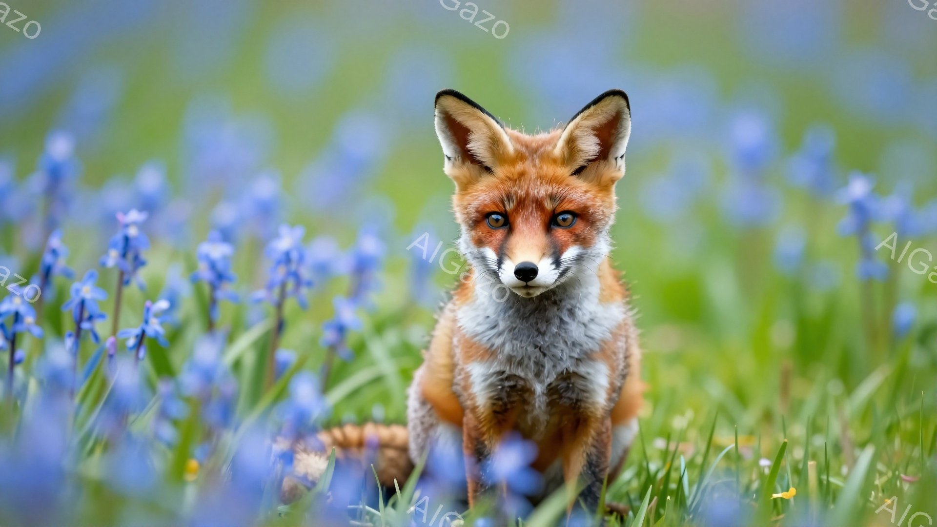 赤い毛並みを持つキツネが、青い花畑の中で正面を見つめている。毛並みは冬毛のようで、ふさふさとしている。背景には緑の草が生い茂り、明るい日差しが差し込んでいる。 - AI生成フリー素材