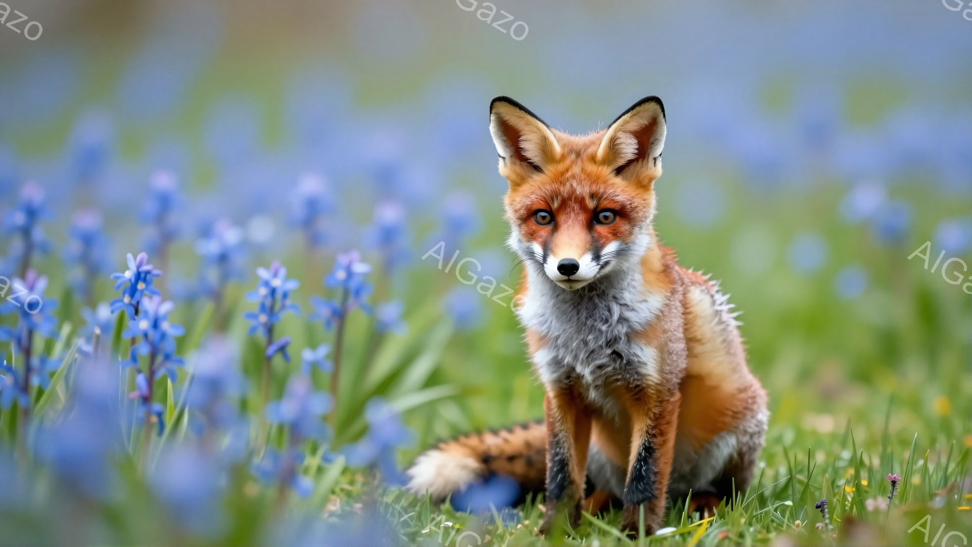 鮮やかな青い花畑の中で、毛並みの美しいキツネがこちらを見て座っています。その表情は好奇心と警戒心が入り混じり、少し微笑んでいるように見えます。柔らかい光が降り注ぎ、春の穏やかな雰囲気が感じられます。