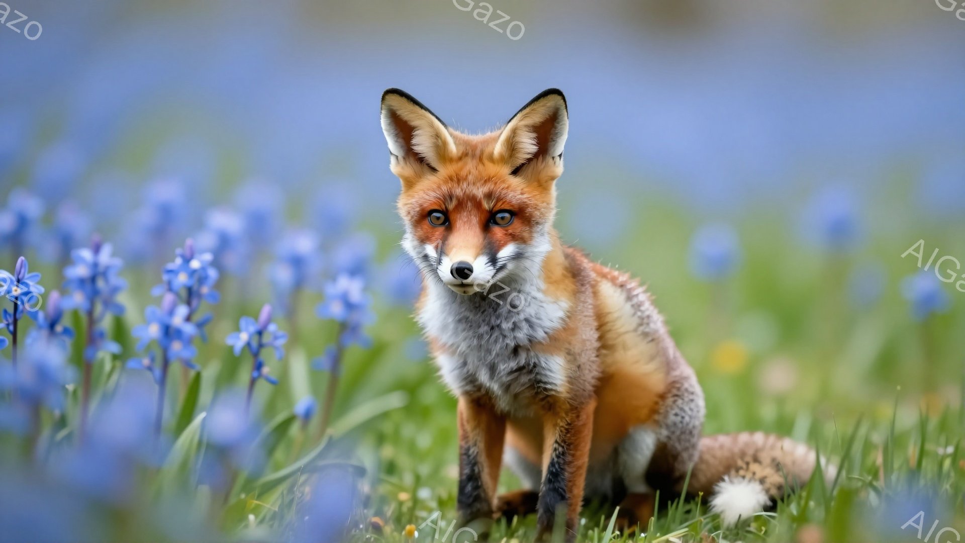 鮮やかなオレンジ色の毛並みを持つキツネが、青い花畑の中でこちらを見つめている。その表情は好奇心と警戒心が入り混じっており、緑豊かな背景とのコントラストが美しい。穏やかな陽光が差し込み、春の穏やかな雰囲 - AI生成フリー素材