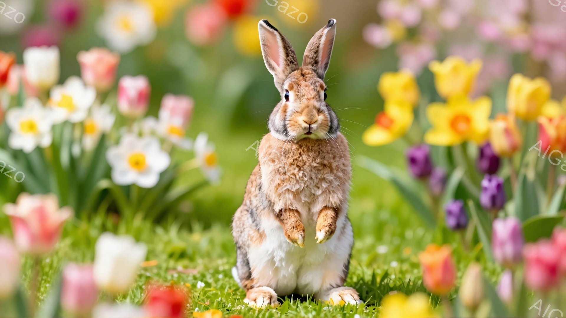 緑の草の上に座っているうさぎがいます。そのうさぎは茶色と白の毛並みで、好奇心いっぱいの表情で正面を見つめています。背景には、色とりどりのチューリップやスイセンなどの花が咲き乱れており、春の暖かな雰囲気を醸し出しています。