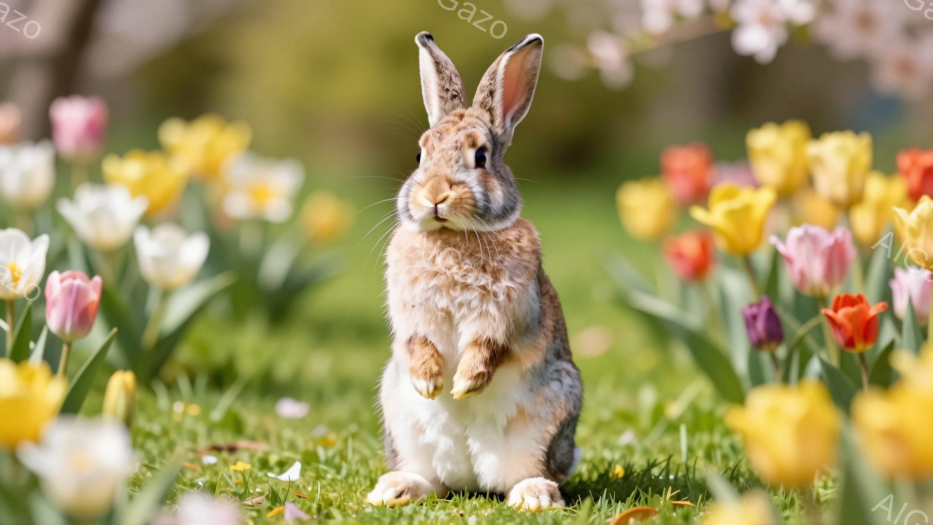 緑の草原の中にいる可愛らしい茶色のウサギが、前足を上げて座っています。背景には色とりどりのチューリップが咲き乱れ、春の陽気な雰囲気を演出しています。ウサギの表情は穏やかで、自然の中でリラックスしている - AI生成フリー素材
