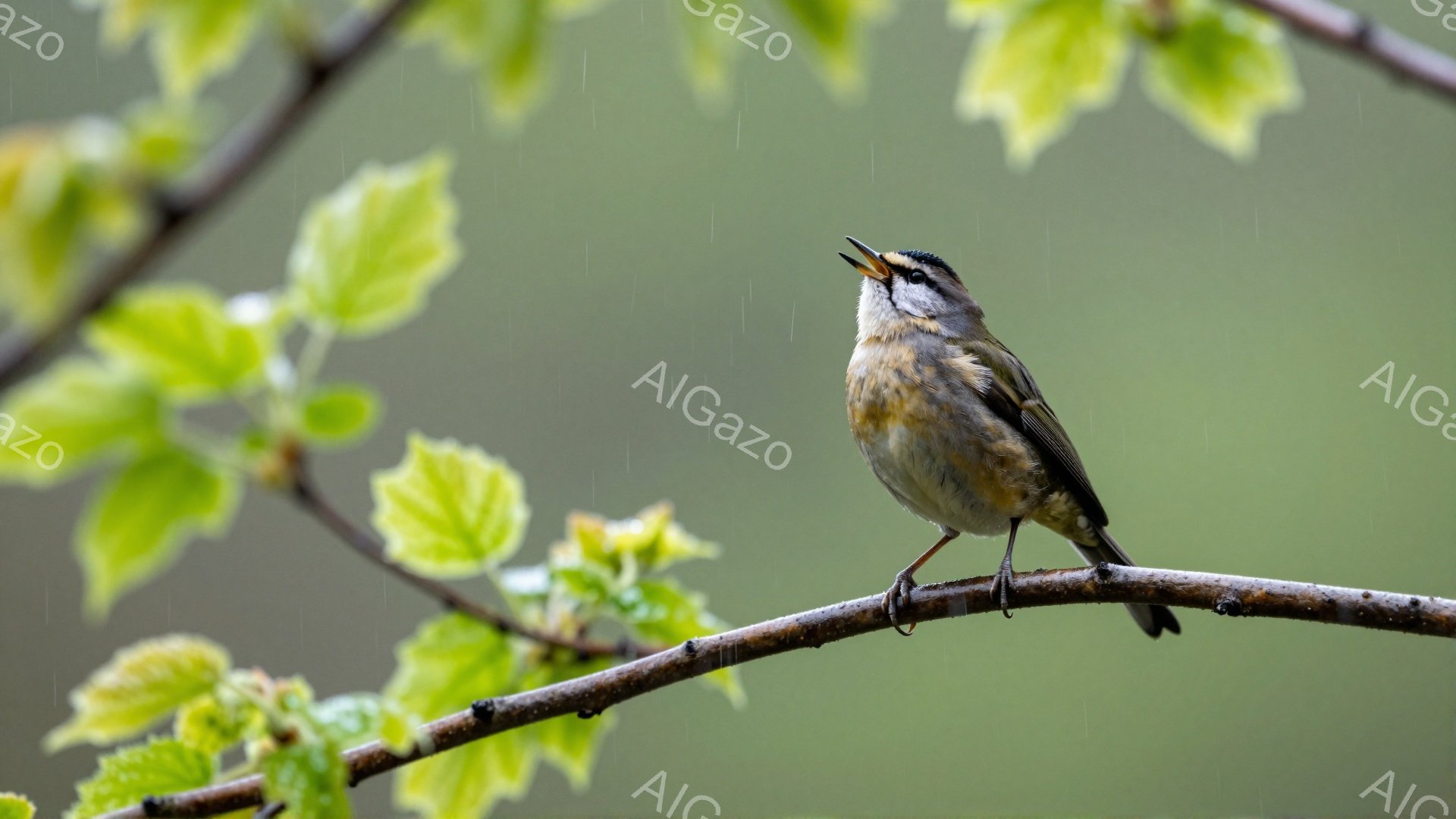 小さな鳥が緑色の葉に囲まれた枝にとまっており、口を開けて鳴いている。背景はぼやけた緑色で、雨が降っている様子がうかがえる。春らしい穏やかな雰囲気の画像である。