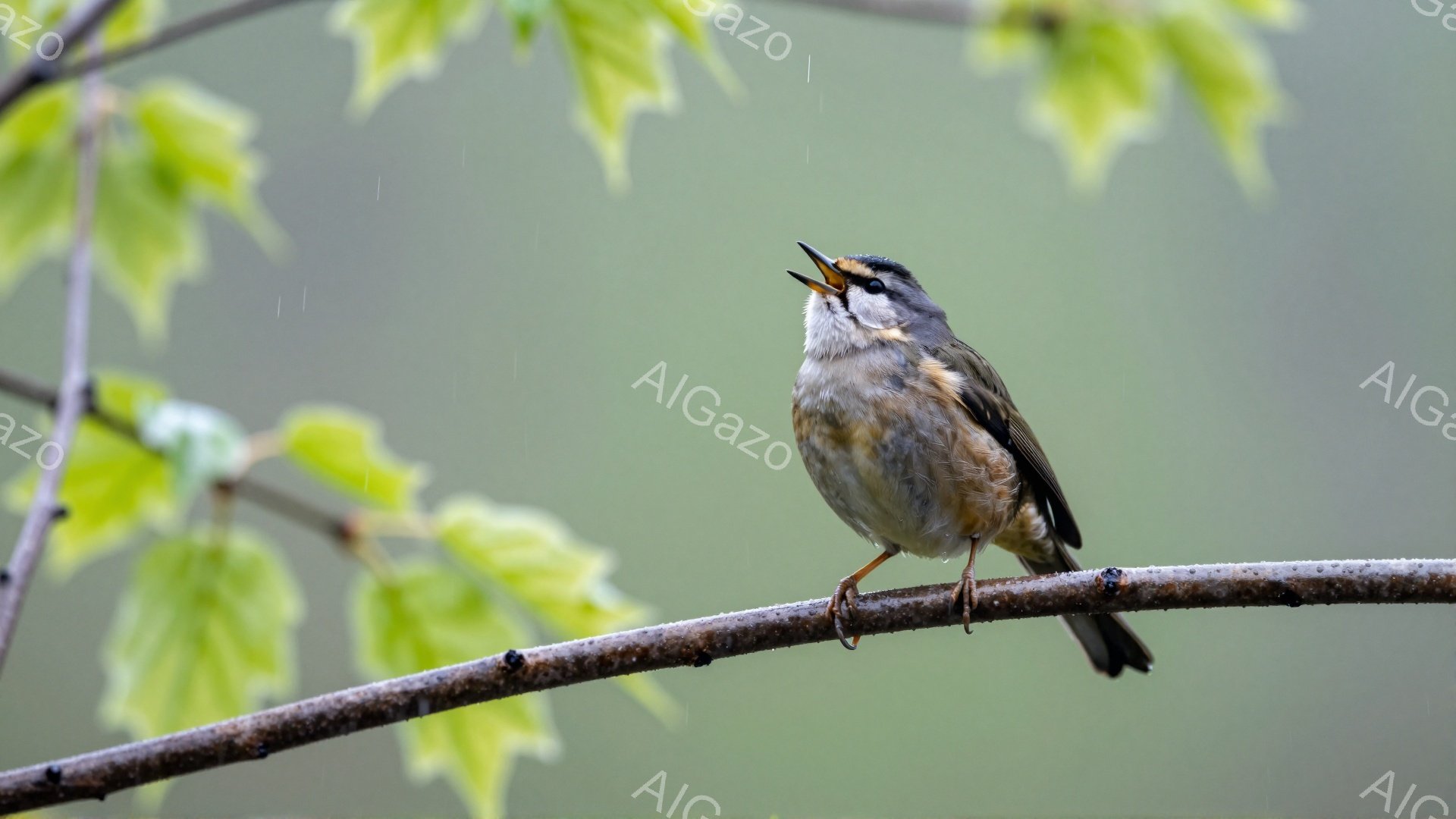 小鳥が枝にとまって歌っている様子が捉えられています。鮮やかな緑の葉が背景にあり、春の穏やかな雰囲気を醸し出しています。鳥の羽の色は茶色と白が混ざっており、可愛らしい印象を与えます。 - AI生成フリー素材