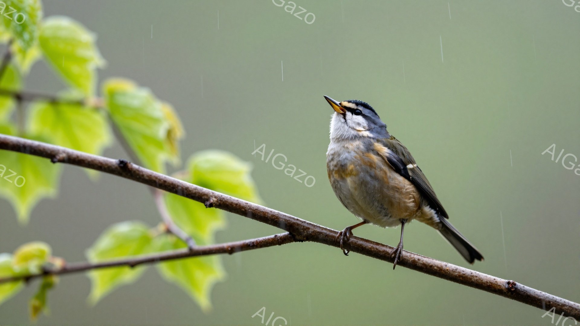 薄暗い緑の背景に、小柄な鳥が枝に止まっています。鳥は上を向いており、口を開けて鳴いているように見えます。周りには若々しい緑の葉が点在し、春の訪れを感じさせます。 - AI生成フリー素材