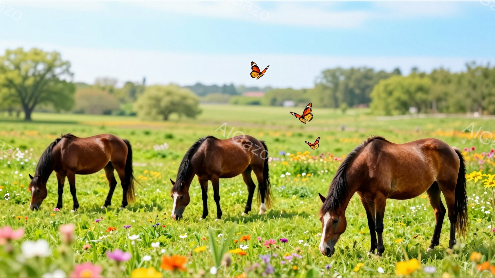 広大な草原で三頭の栗色の馬が草を食んでいます。背景には木々が茂り、様々な色の花々が咲き乱れており、平和で穏やかな雰囲気を醸し出しています。日差しが暖かく、牧歌的な風景が広がっています。