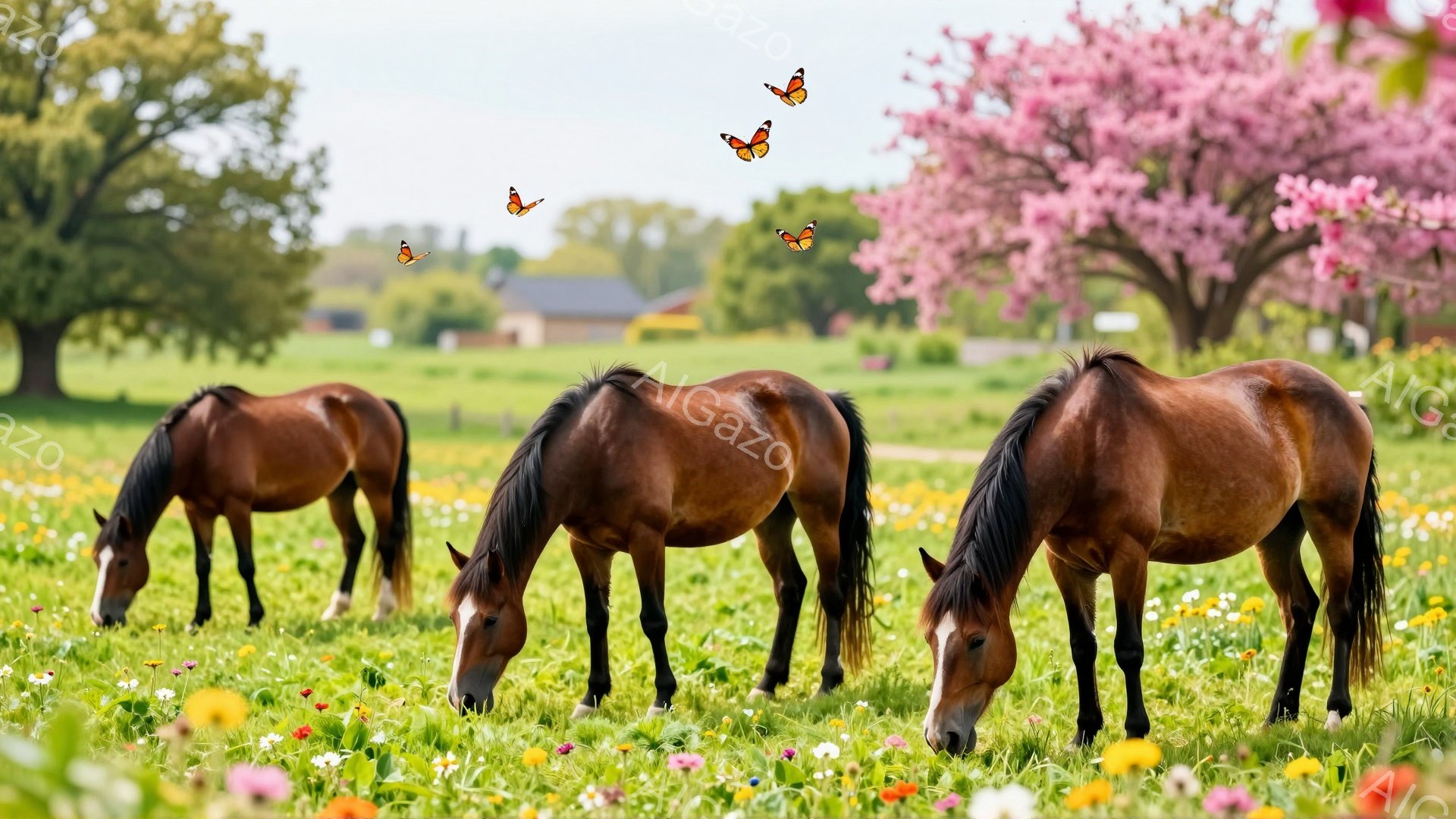 牧草地に栗色の馬が３頭、草を食べている。背景にはピンク色の桜の木々と緑の田園風景が広がり、暖かい春の陽気に満ちた雰囲気である。蝶が舞っている様子が、のどかな風景に彩りを添えている。