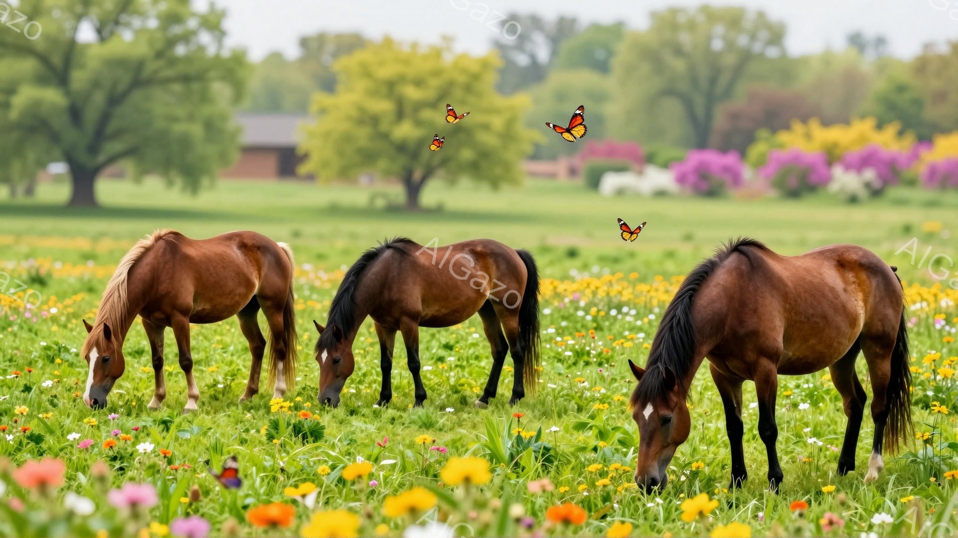 広大な草原で三頭の栗色の馬が草を食んでいます。背景には木々や家屋が見え、周りには色とりどりの花々が咲き乱れ、平和で穏やかな雰囲気を醸し出しています。空は晴れており、日差しが暖かく、馬たちはのどかに時間を過ごしている様子です。