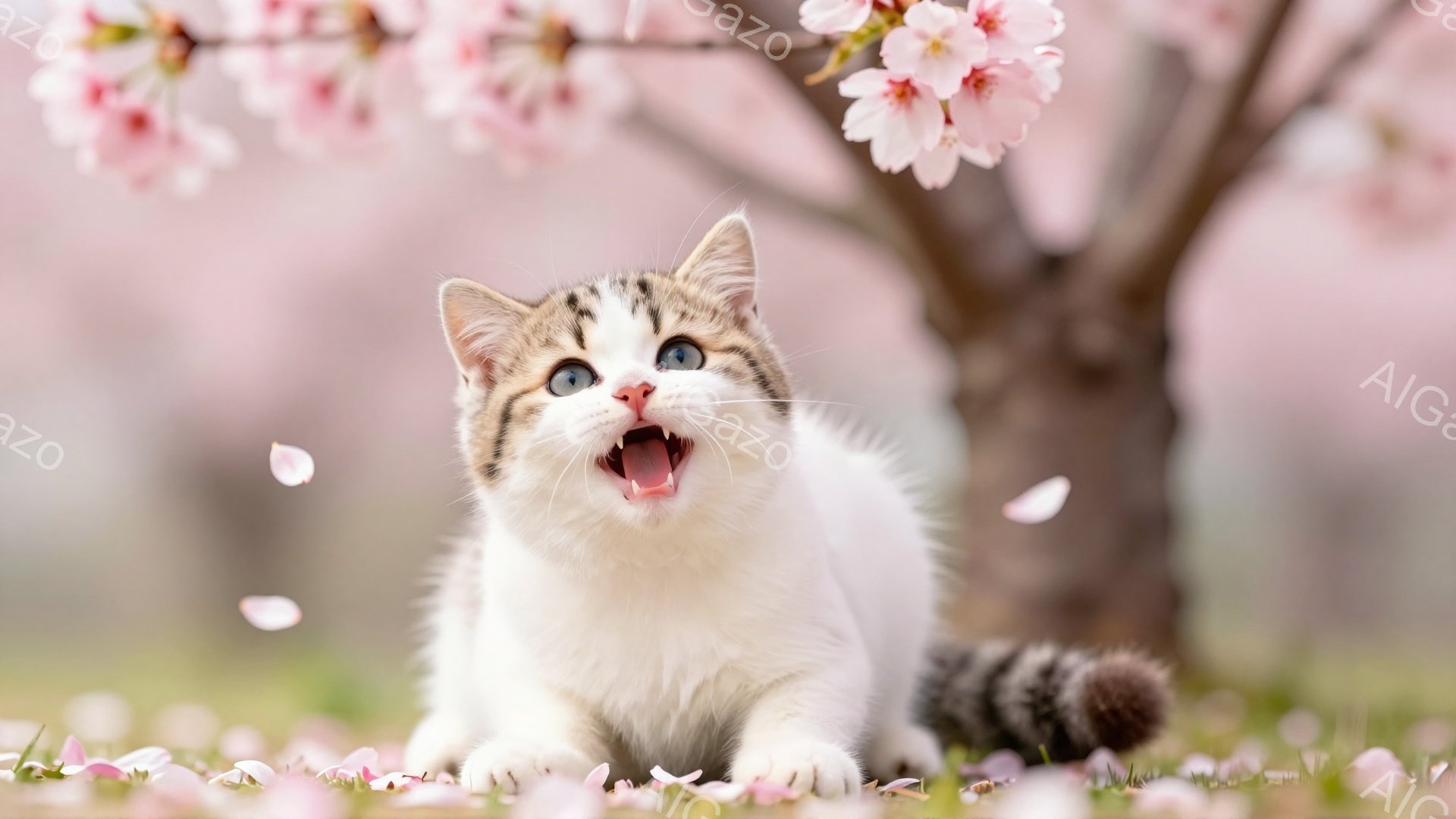 白と茶色の縞模様の猫が桜の花びらの舞う草原で口を開けています。背景には桜の木があり、春の暖かく穏やかな雰囲気が漂っています。猫は可愛らしく、遊び心に満ちた表情をしています。