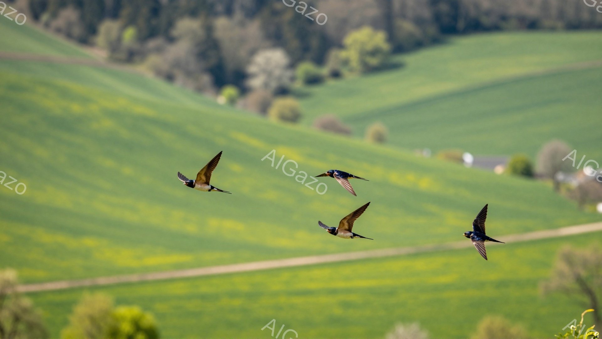 青々とした緑の丘の上に、３羽のツバメが舞っている。鳥たちは翼を広げ、空を力強く飛んでいる様子が捉えられ、春の穏やかな陽気が感じられる。背景の風景は穏やかで、のどかな田園風景が広がり、心安らぐ雰囲気を醸 - AI生成フリー素材