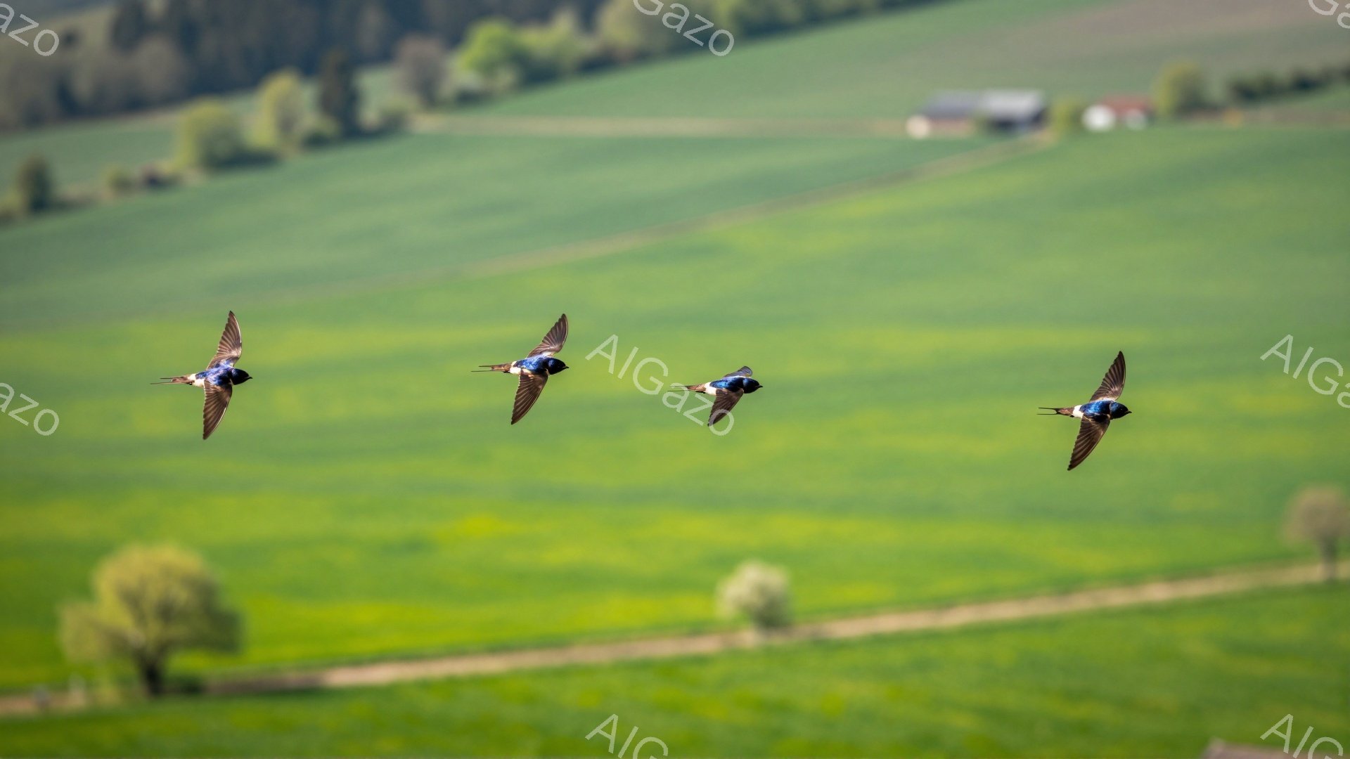広大な緑の草原を、四羽のツバメが飛び交っている。背景には、ぼんやりと家々が見え、春の穏やかな雰囲気が漂っている。鮮やかな空と緑のコントラストが美しい風景だ。 - AI生成フリー素材