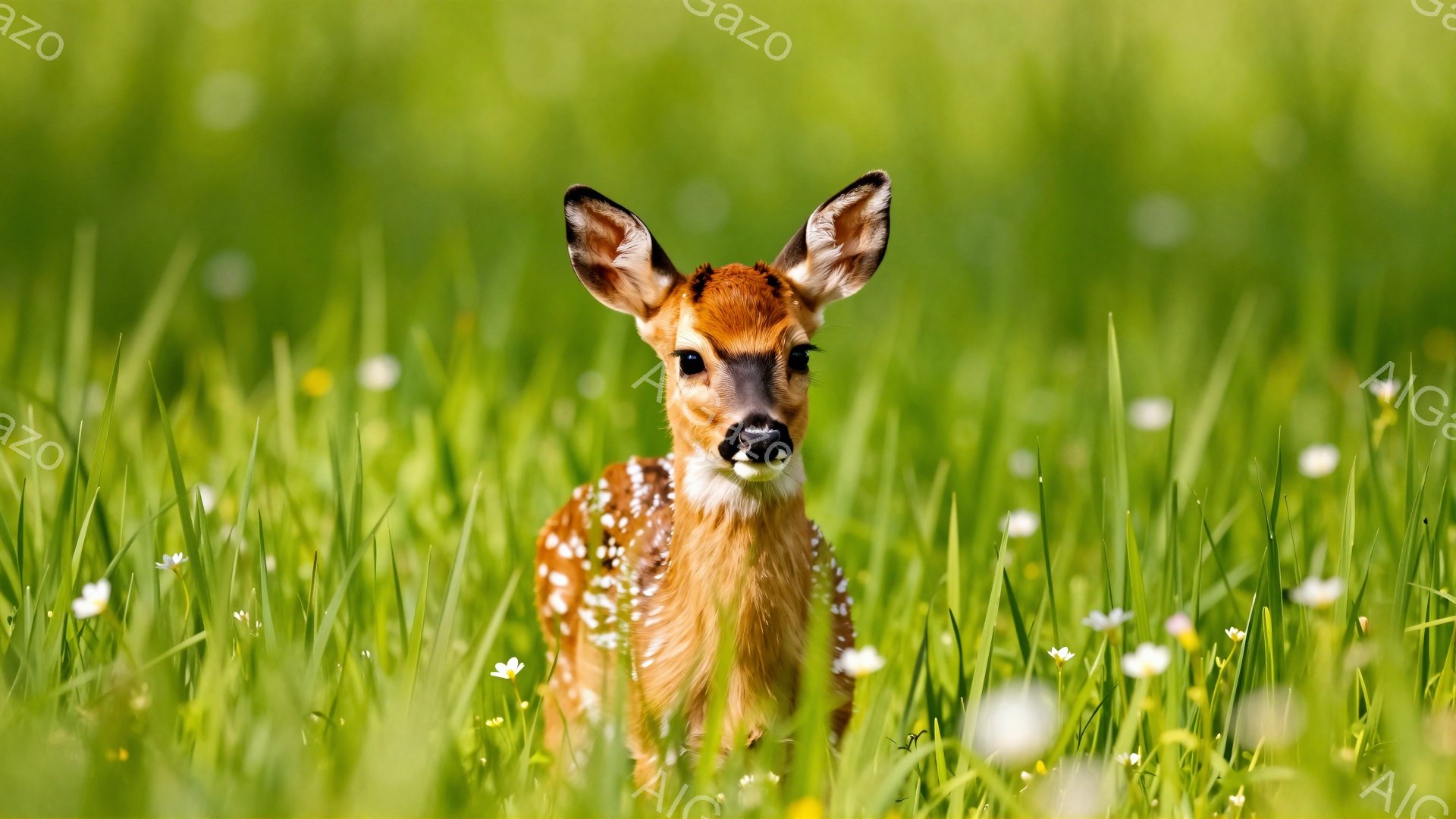 鮮やかな緑の草の中で、小さなシカの子供がこちらを見つめています。シカの毛並みは斑点で覆われ、愛らしい姿は穏やかな雰囲気を醸し出しています。周囲には小さな白い花が咲き乱れ、春の自然を感じさせます。 - AI生成フリー素材