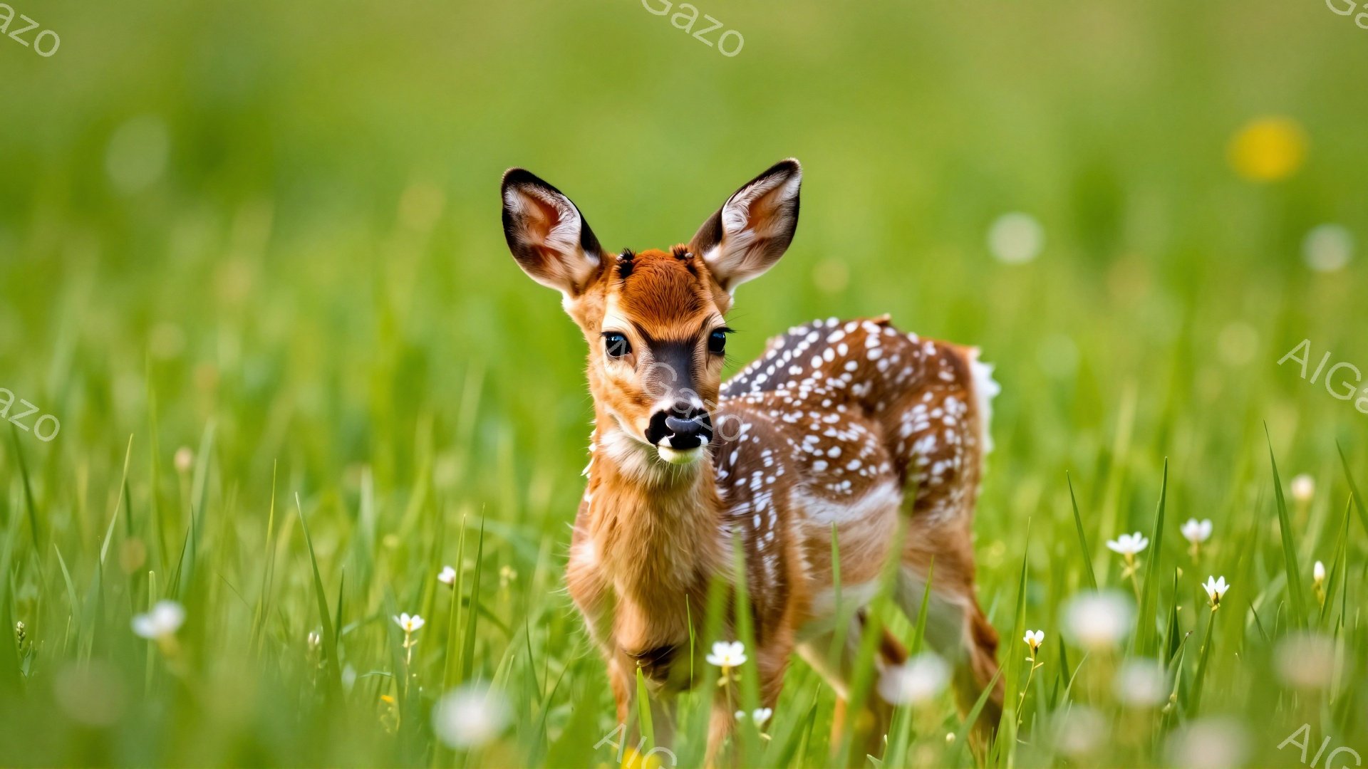 緑豊かな草原の中に、小さなシカが立っている。白い花や緑の草に囲まれ、好奇心旺盛な表情でこちらを見ている。春らしい穏やかな雰囲気の風景だ。 - AI生成フリー素材