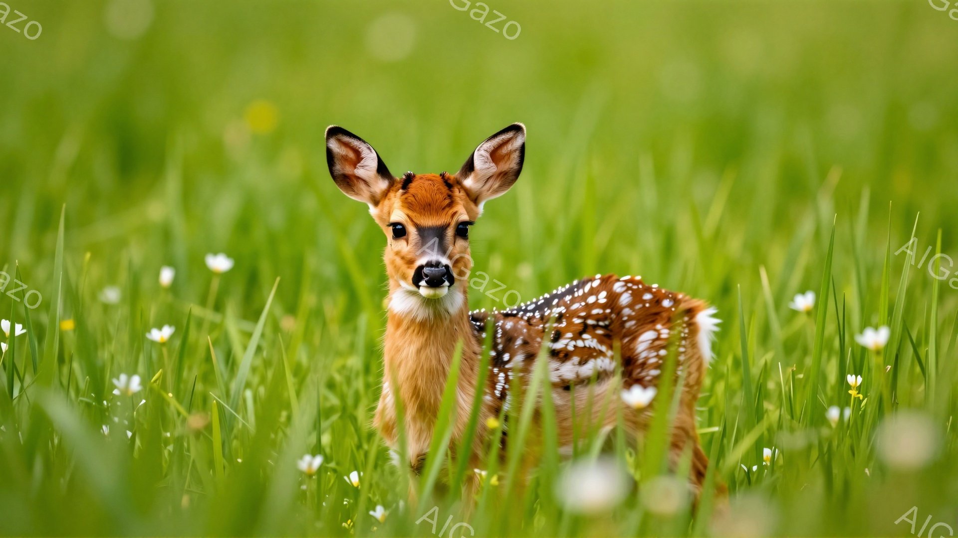 鮮やかな緑の草むらの中に、子鹿が立っている。白地にピンクの花が点在し、春らしい穏やかな雰囲気を感じさせる。子鹿は好奇心いっぱいの表情で、こちらを見ているようだ。 - AI生成フリー素材