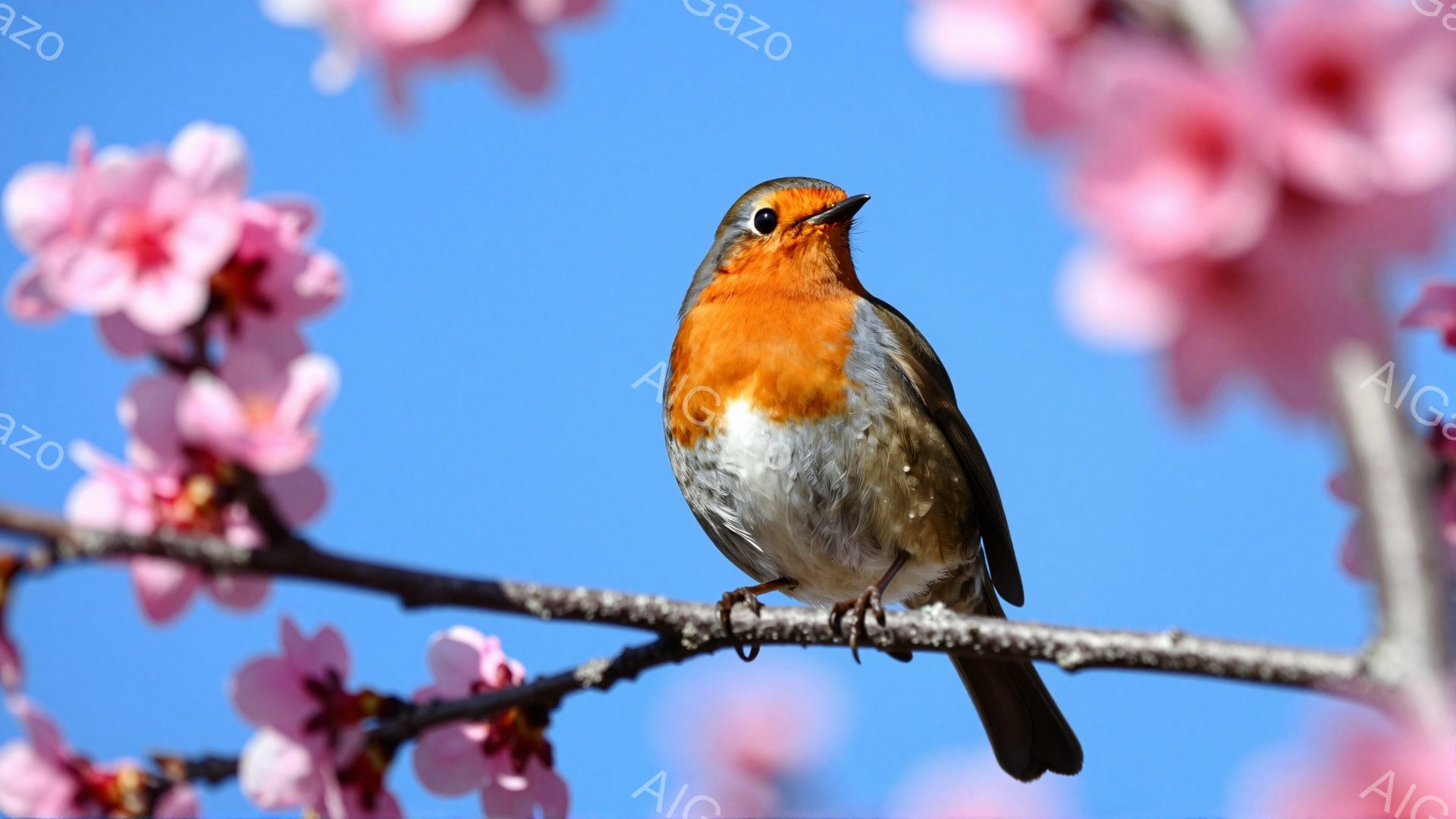 青空を背景に、桜の枝にとまっているヨーロッパコマドリが描かれている。鮮やかなオレンジ色の胸と、灰色がかった背中が特徴的で、春の訪れを感じさせる美しい光景だ。枝は薄いピンク色の桜の花に囲まれており、穏や - AI生成フリー素材