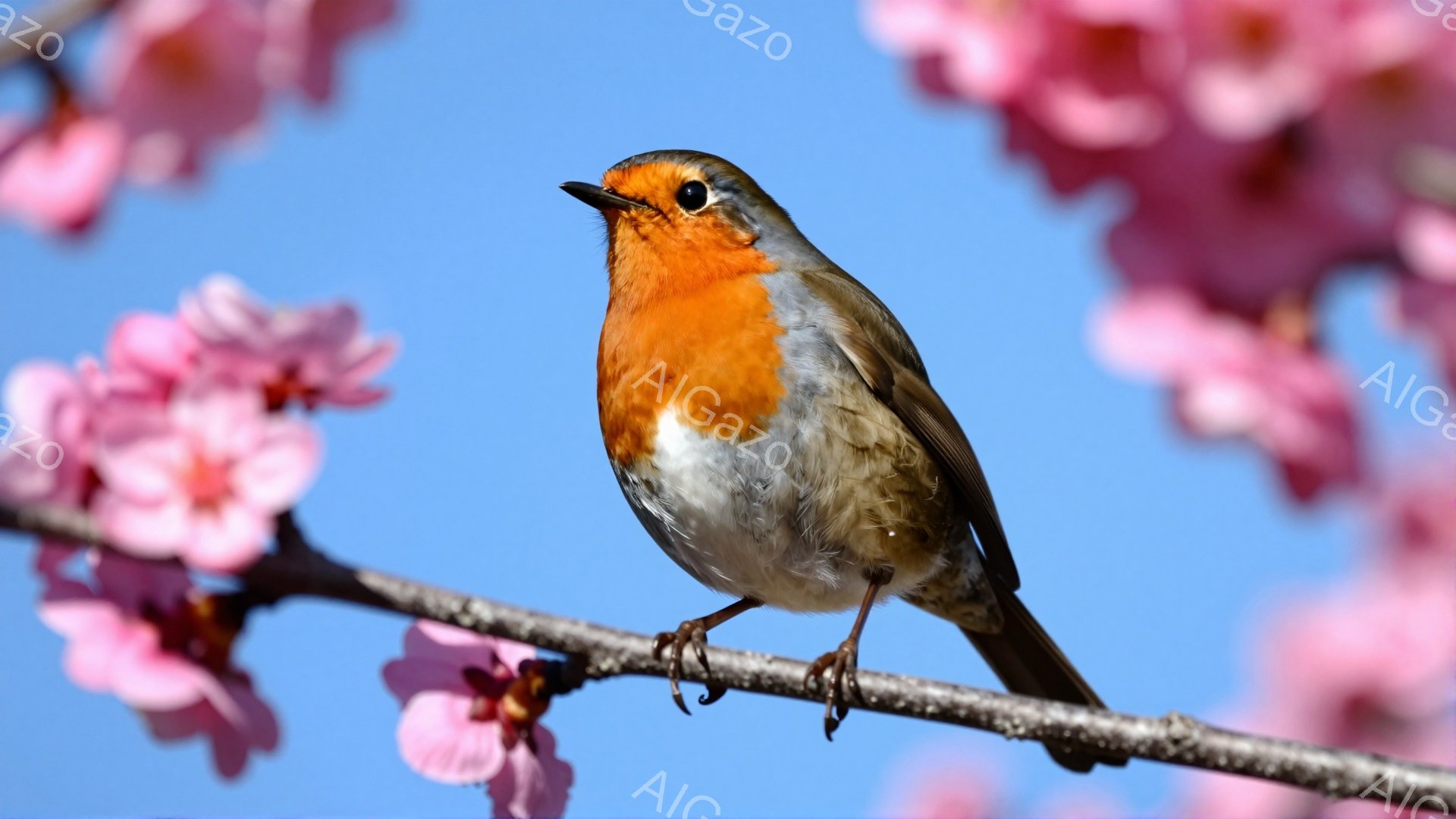 ピンク色の桜の花びらの背景に、胸を赤く染めた可愛らしい鳥が枝に止まっています。その姿は、春の訪れを告げるように、生き生きとしています。澄んだ青空とのコントラストが、より一層その美しさを引き立てています。