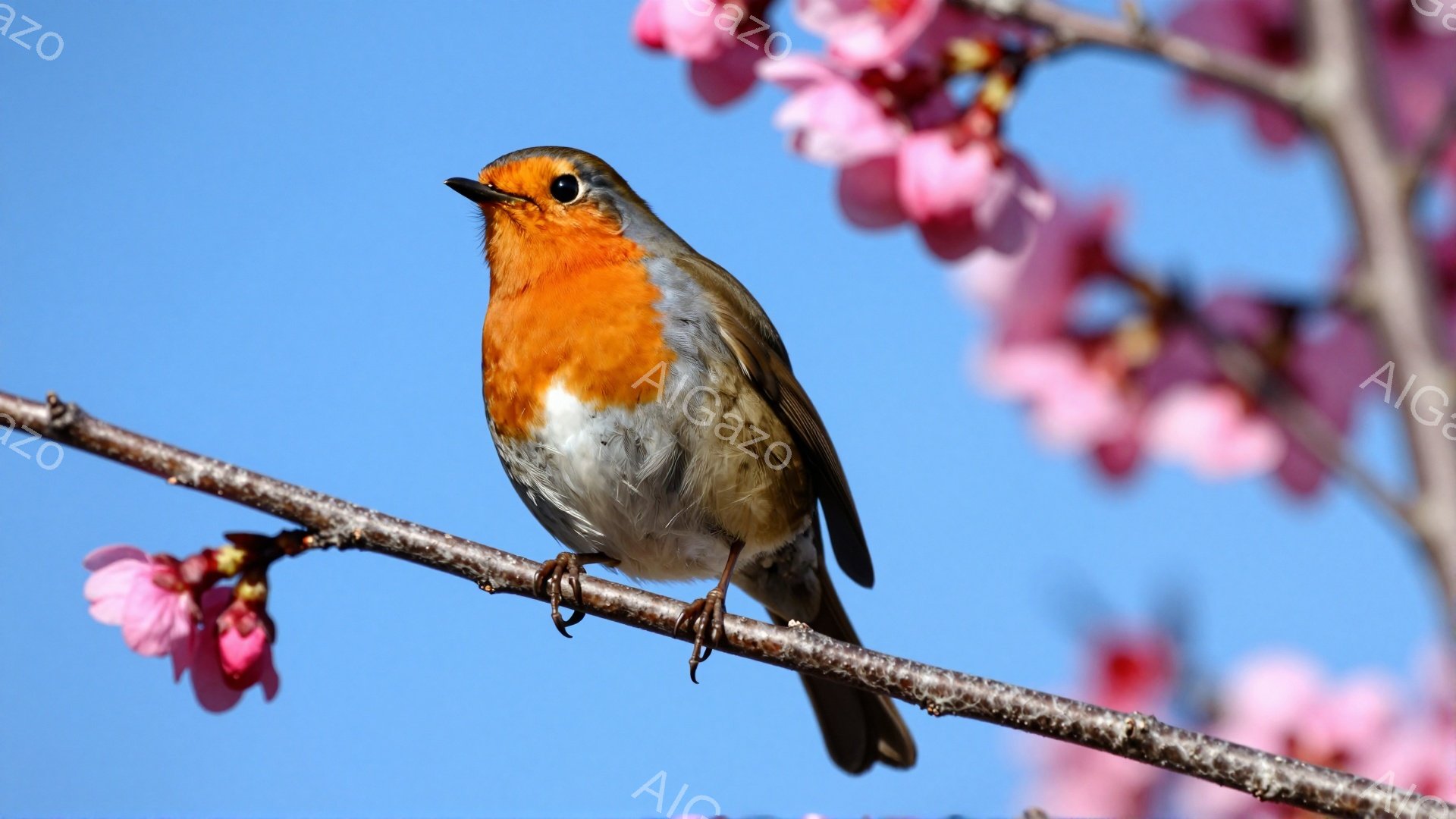 鮮やかなオレンジ色の胸を持つヨーロッパコマドリが、ピンク色の桜の枝にとまっている。背景は澄み切った青空で、春の訪れを感じさせる穏やかな雰囲気である。鳥は少し上を見ているようで、生き生きとした様子が伺え - AI生成フリー素材