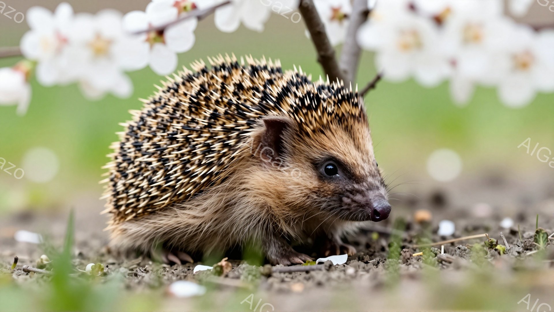 土の上にいるハリネズミが写っています。茶色の棘を持つハリネズミは、薄汚れた土の上に低く身を屈めており、注意深く前を見つめています。背景には白い花が咲き乱れ、春の穏やかな雰囲気を醸し出しています。