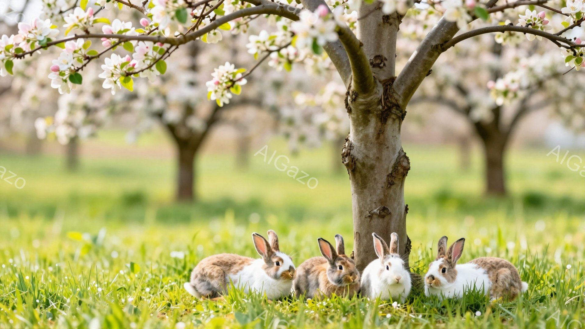 緑の草の上に、毛並みの異なる四匹のウサギが寄り添って座っています。背景には、満開の桜の木々が並び、春の穏やかな雰囲気を醸し出しています。柔らかい日差しが降り注ぎ、暖かく穏やかな光景です。 - AI生成フリー素材