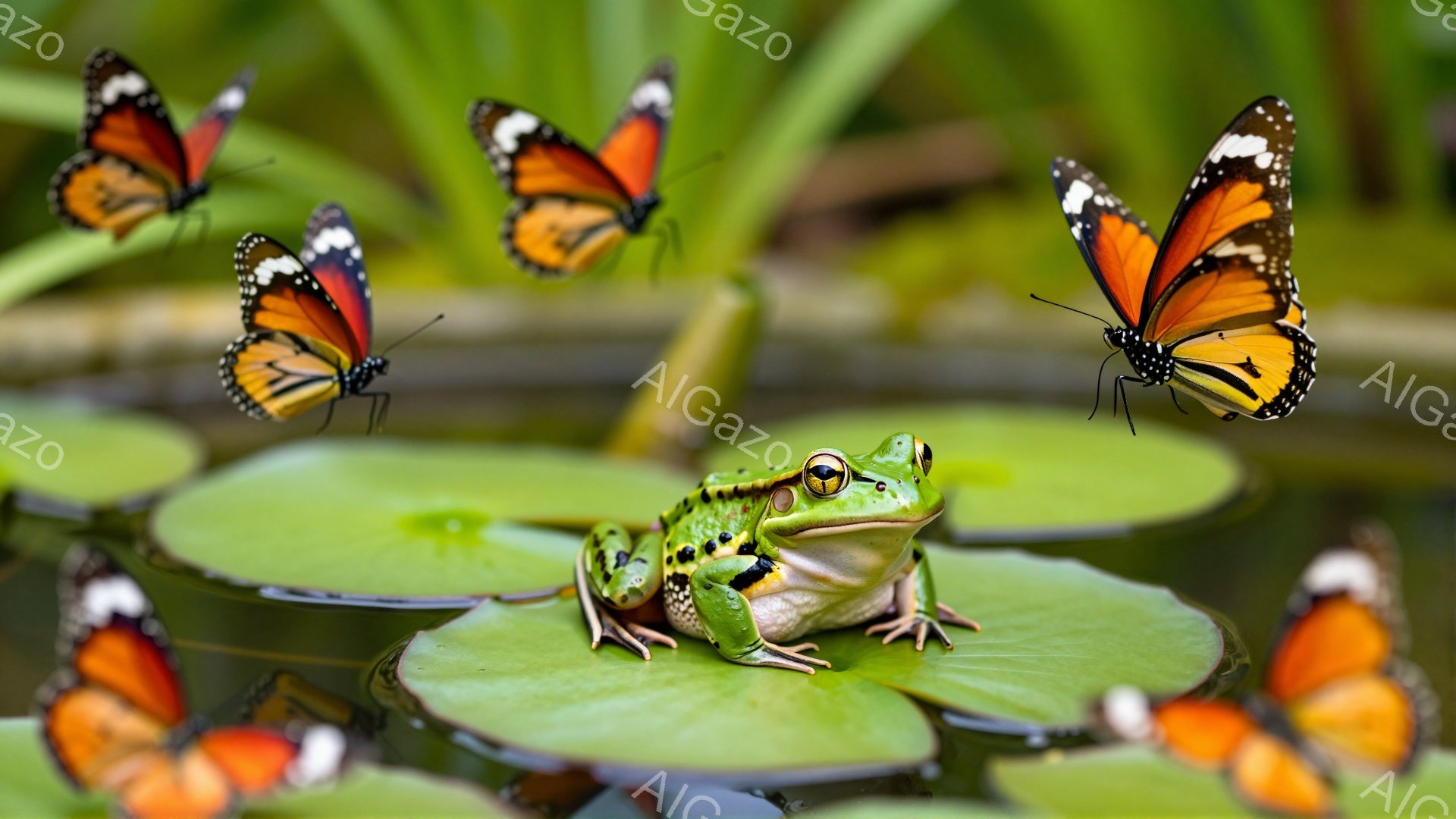 緑色の蓮の葉の上にカエルが座っており、周囲にはオレンジと黒の蝶が舞っている。カエルはリラックスした姿勢で、蝶は鮮やかな色彩で自然の美しさを引き立てている。水面は穏やかで、全体的に平和で静かな雰囲気が漂っている。