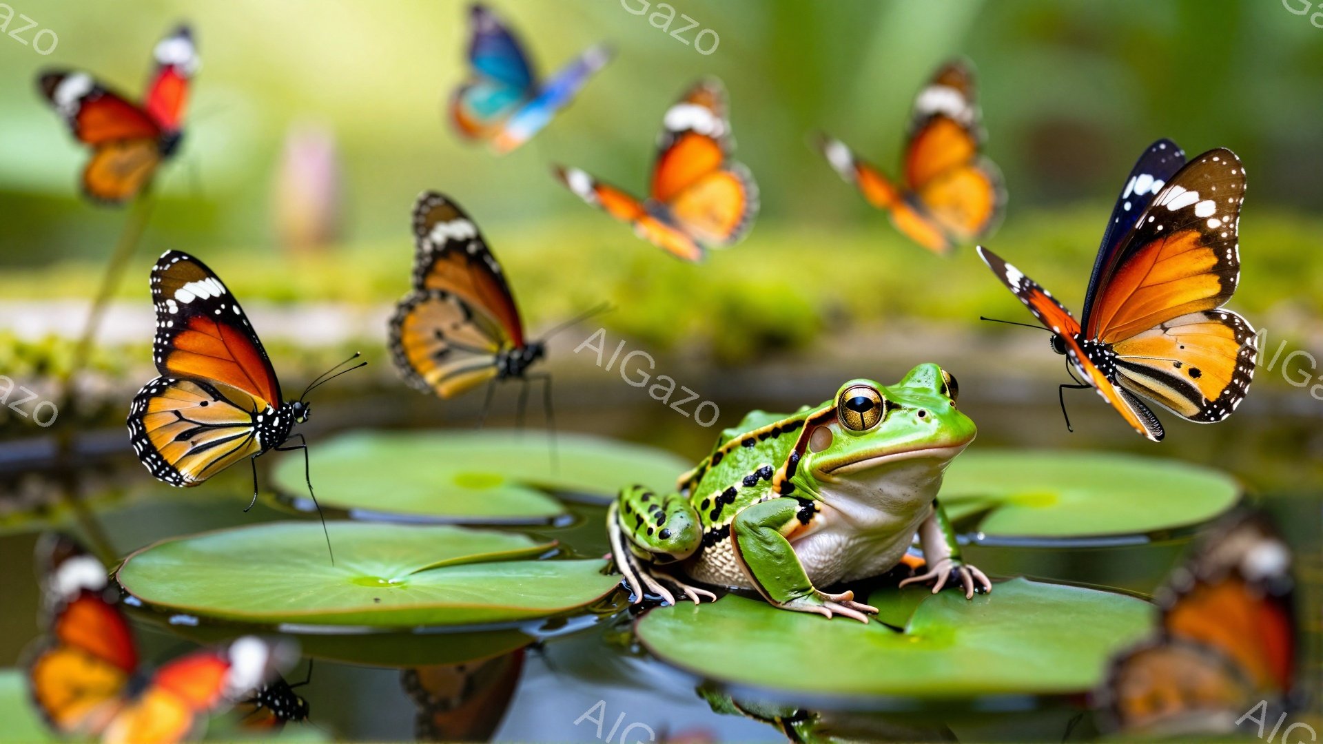 アマガエルが水の上に浮かぶ蓮の葉の上に座っています。周りにはオレンジと黒の美しい蝶が飛び交い、自然豊かな光景を作り出しています。鮮やかな緑とオレンジの色合いが印象的で、穏やかで平和な雰囲気を醸し出しています。