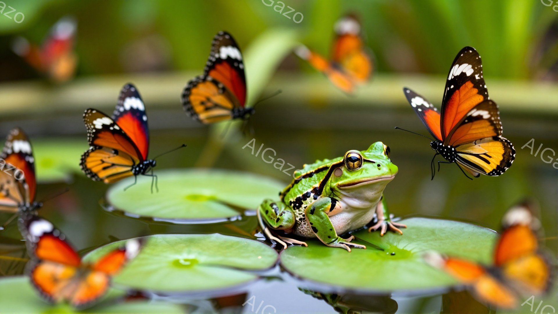 緑色の蓮の葉の上にカエルが座り、周囲にはオレンジと黒の蝶が舞っています。カエルの表情は穏やかで、背景は緑豊かな水面と植物でいっぱいです。蝶とカエルが作り出す色彩のコントラストが印象的で、自然の静けさを感じさせます。