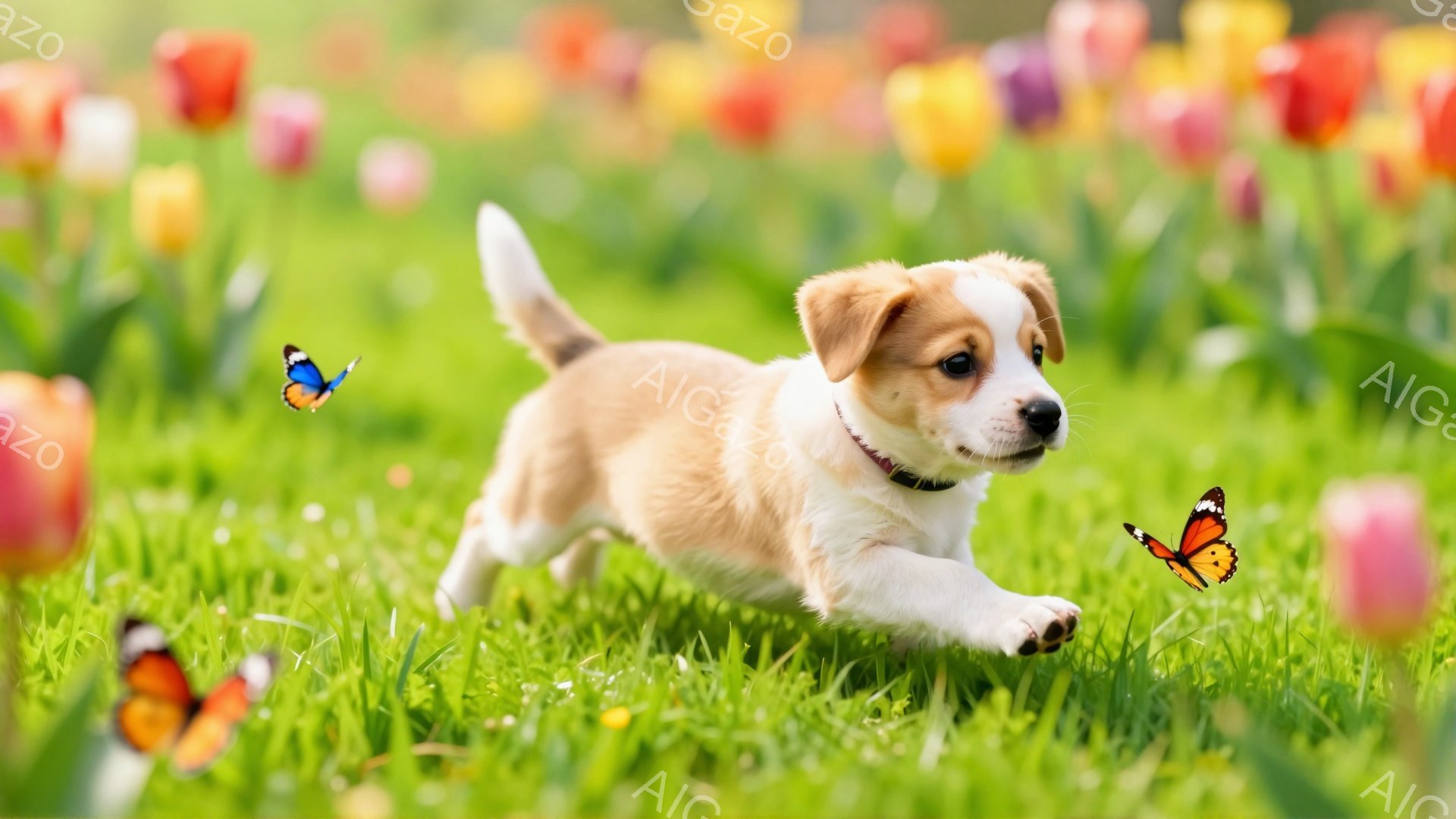 鮮やかな緑の芝生の上を、小さな子犬が楽しそうに走り回っている。周りには色とりどりのチューリップが咲き誇り、蝶が舞っている。春らしい明るい雰囲気で、可愛らしい子犬の活発な様子が伝わってくる。