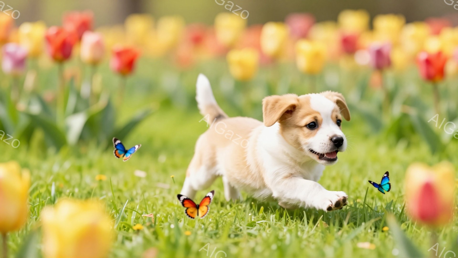 明るい緑の草の上に、子犬が蝶を追いかけて走っている。周りには色とりどりのチューリップが咲き誇り、春の暖かな日差しが感じられる。子犬は嬉しそうに舌を出し、楽しんでいる様子が伺える。