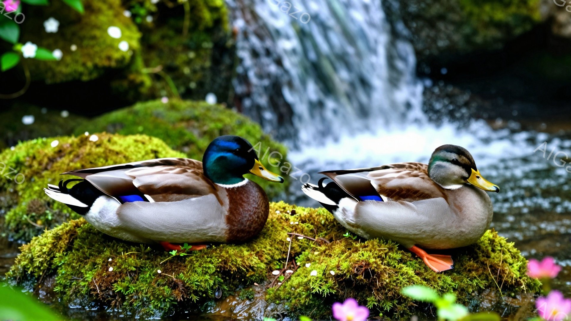 鮮やかな緑の苔の上に2羽の雄アヒルが並んで座っています。背景には水が流れ落ちる滝があり、自然豊かな雰囲気が漂っています。アヒルたちは落ち着いた様子で、周囲の静けさを楽しんでいるようです。