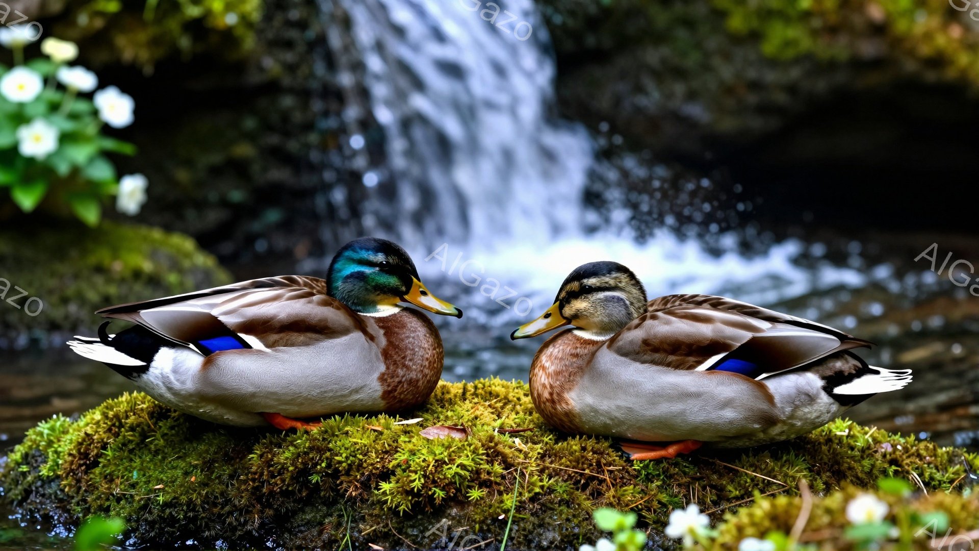 ２羽のアヒルが緑色の苔の上に並んで座っている。背景には水が流れる滝があり、自然豊かな風景が広がっている。穏やかで静かな雰囲気で、アヒルたちはリラックスした様子を見せている。 - AI生成フリー素材