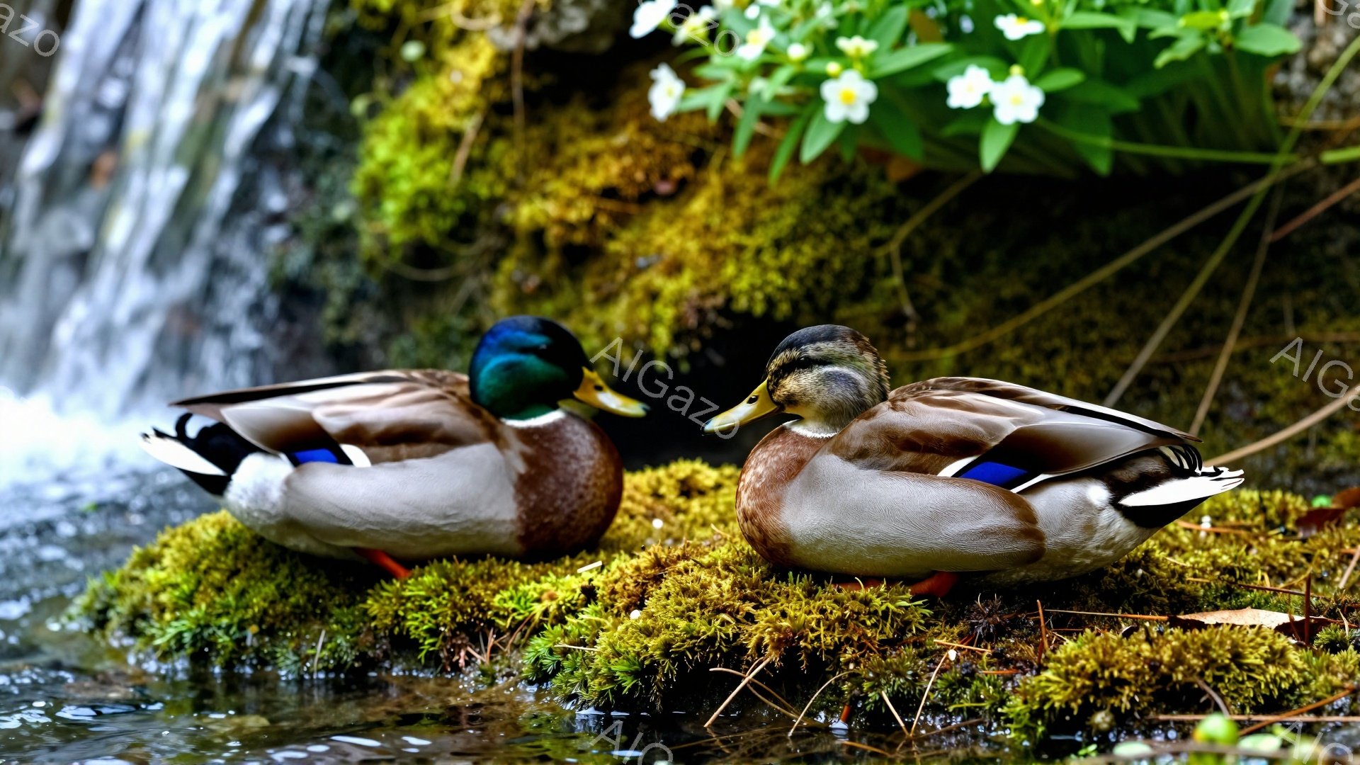 岩の上に2羽のアヒルが並んで休んでいます。緑豊かな苔と背景の白い花が、穏やかで自然な雰囲気を醸し出しています。水面は穏やかで、リラックスした光景です。 - AI生成フリー素材