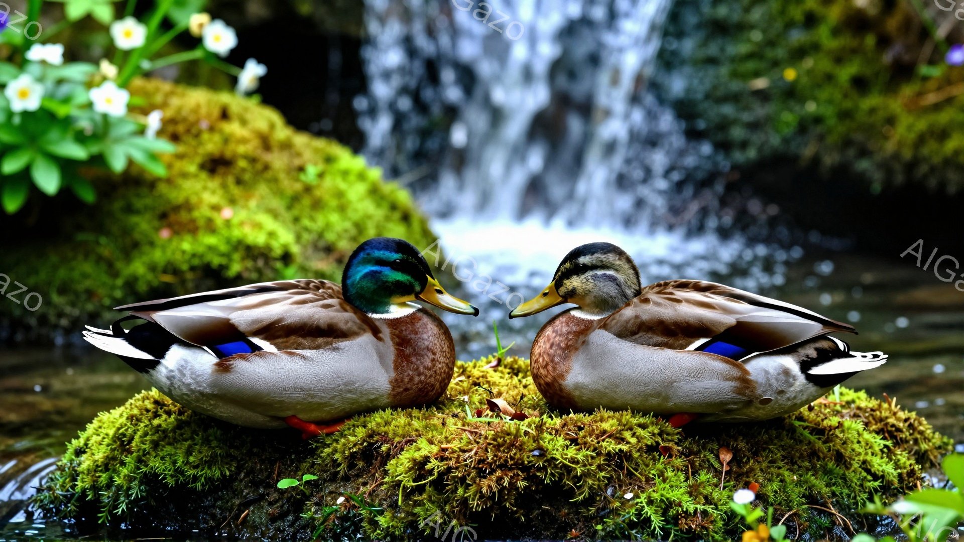 鮮やかな緑の苔の上に、オスのマガモとメスのマガモが寄り添って座っています。背景には水が流れる滝があり、自然豊かな風景が広がっています。二羽の鴨は穏やかで平和な雰囲気を作り出しています。