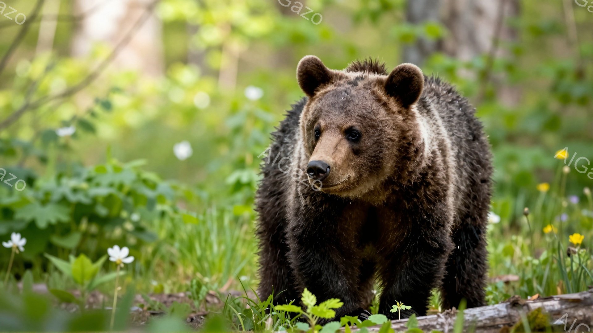 緑豊かな森林の中に、茶色のクマが立っている。クマは正面を向き、植物が生い茂る地面を歩いているようだ。暖かい日差しが差し込み、平和で自然な雰囲気が感じられる。