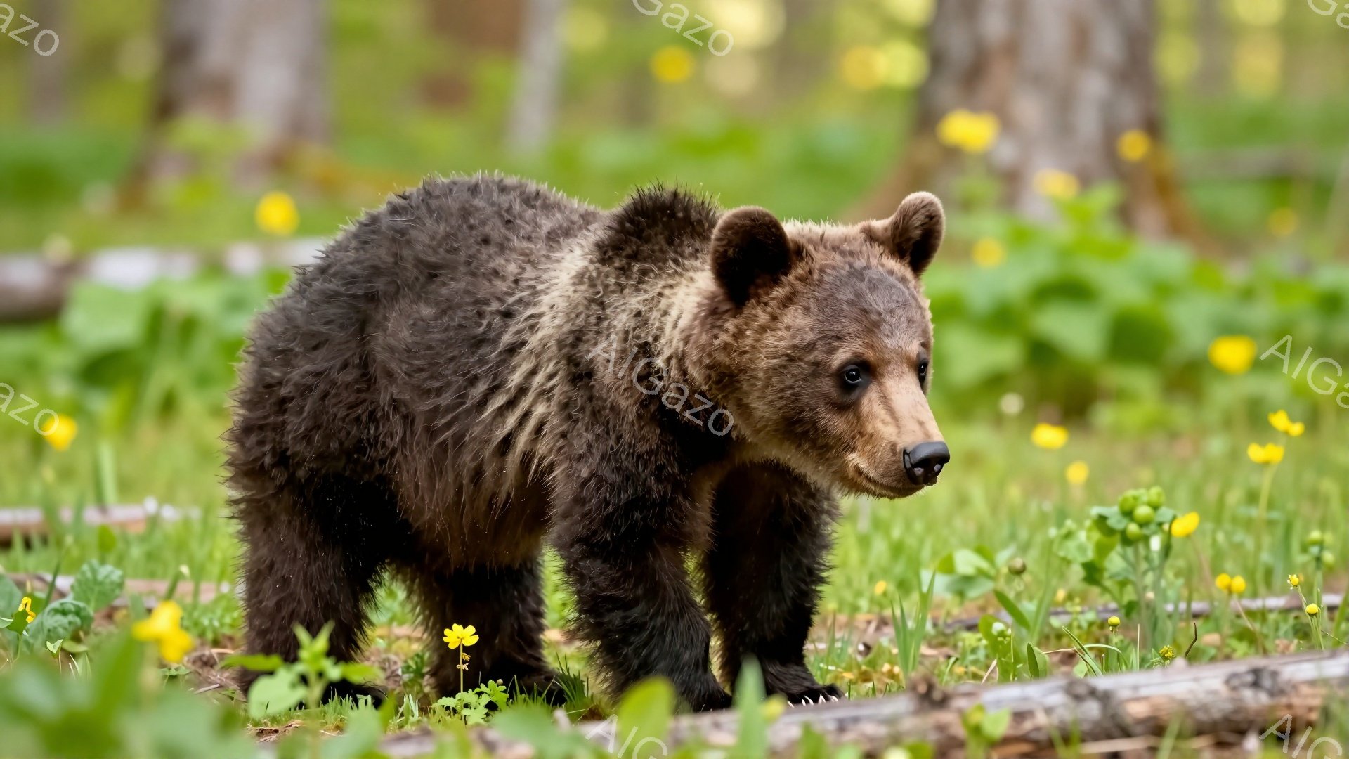 緑豊かな草原の中に子グマが歩いています。周囲には黄色い花が咲き、薄暗い森の木々が見えます。子グマは警戒しながらも好奇心旺盛な表情で、周囲を伺っています。