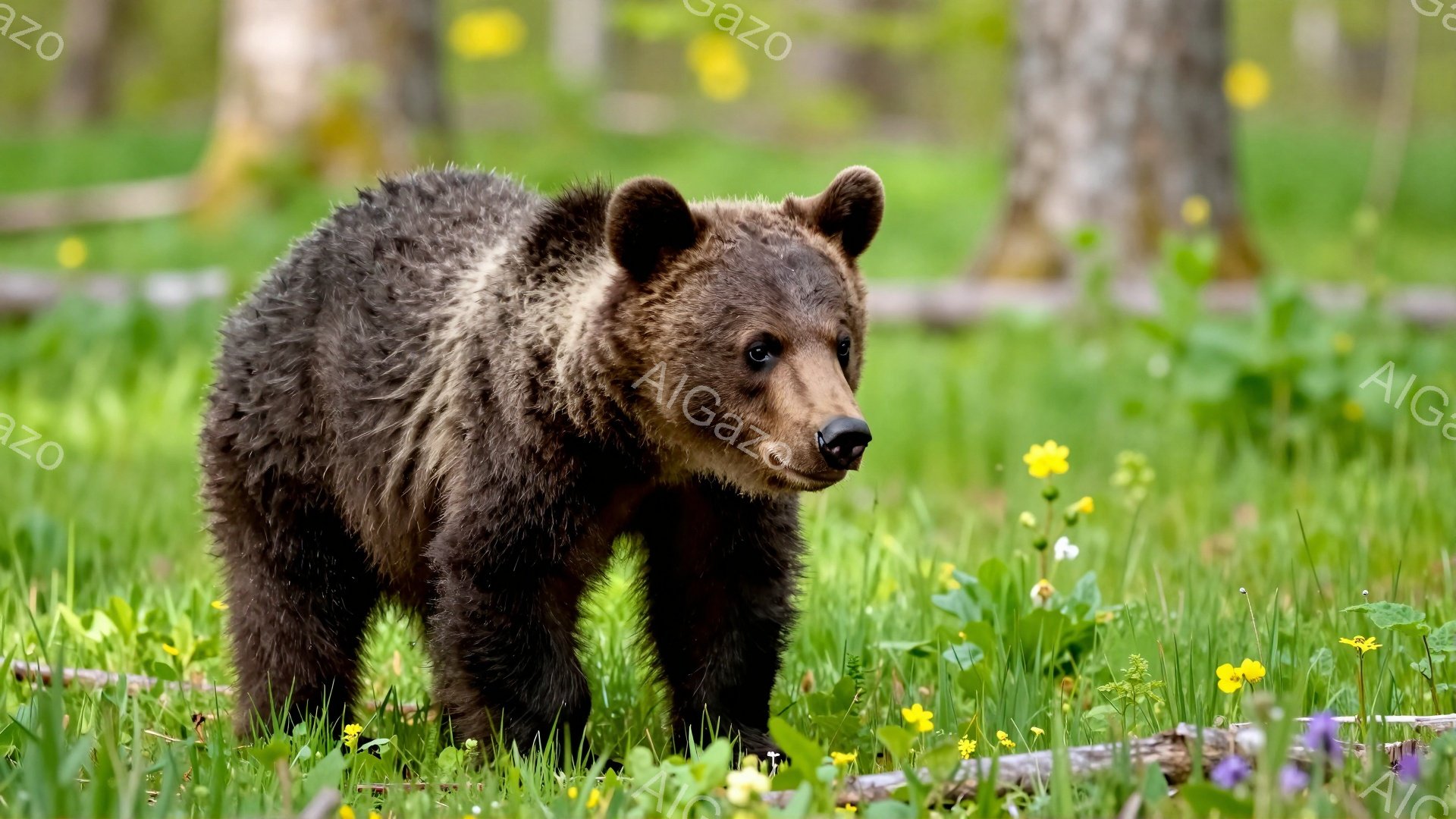 緑豊かな草原の中を、若い熊が歩いている。背景には木々が見え、鮮やかな野花が咲き乱れており、暖かい春の日の穏やかな雰囲気が漂う。熊は少し警戒しているように見え、何かを探しているのかもしれない。
