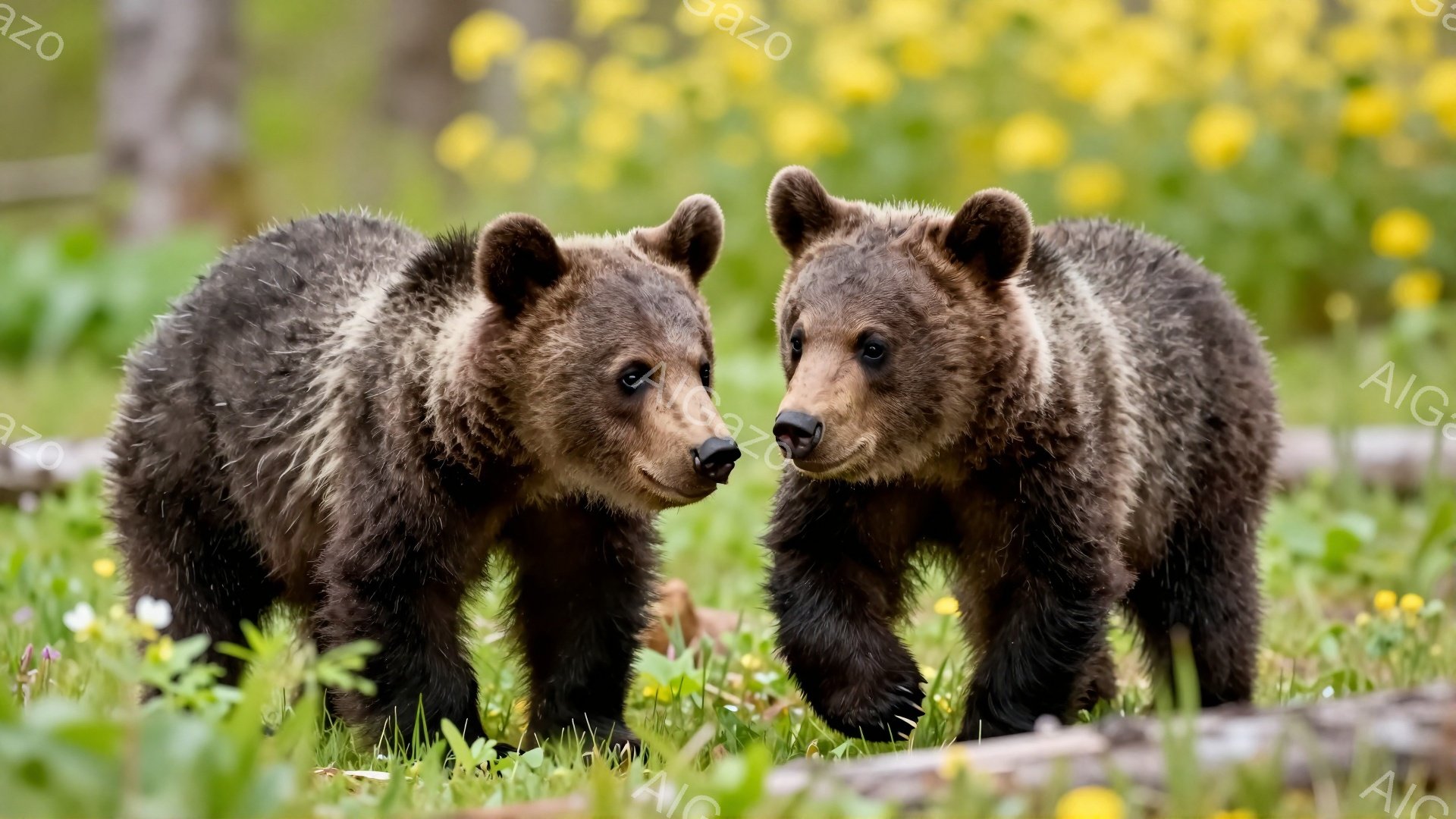 鮮やかな緑の草地に、二匹の子グマが寄り添って立っている。二匹は同じ大きさで、好奇心とわずかな警戒心から互いを見つめ合っている。背景には黄色い花が咲き乱れ、温かい春の雰囲気を醸し出している。