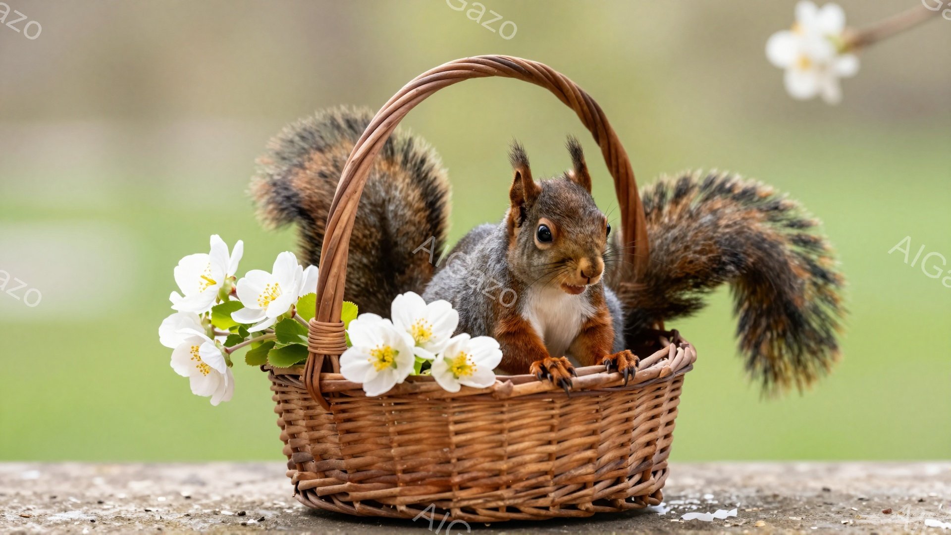 籠の中にリスが可愛らしく座っており、白い花が添えられています。背景はぼかした緑色で、春の穏やかな雰囲気が漂います。リスの毛並みや、籠の編み込みが細かく表現されています。
