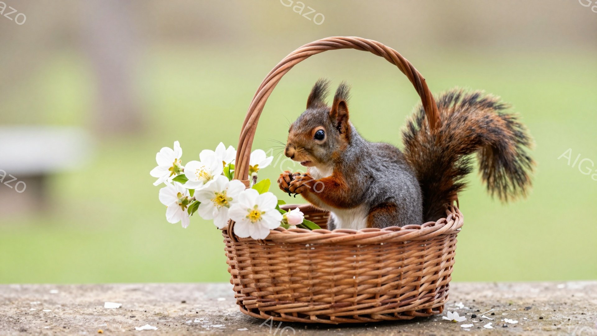 赤褐色のリスが編みバスケットに座り、白い花を手に持っています。背景は緑の芝生とぼやけた木々で、春の穏やかな雰囲気を感じさせます。バスケットはコンクリートの壁の上に置かれており、リスは好奇心と少しの戸惑いを見せています。