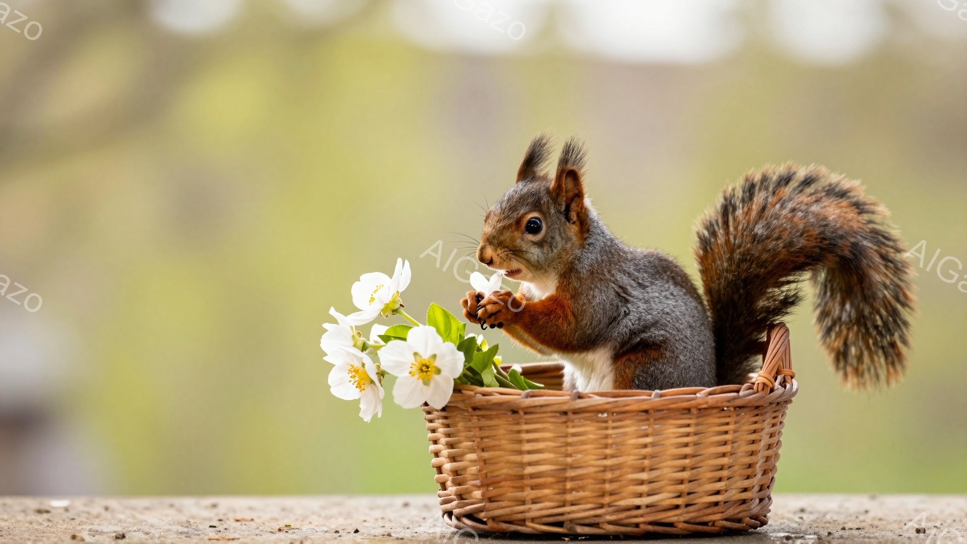 小さなリスが籠の中に座り、白い花を手に持っています。背景は緑色でぼやけており、春の穏やかな雰囲気を感じさせます。リスは好奇心旺盛な表情で、まるで宝物を見つけたかのようです。