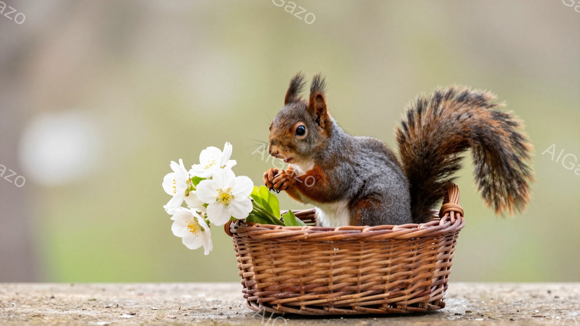 小さなリスが編み込みの籠の中に座り、白い花を口にくわえています。背景はぼやけた緑色で、春の穏やかな雰囲気が感じられます。リスは好奇心と少しの戸惑いを見せる表情で、可愛らしい姿を見せています。