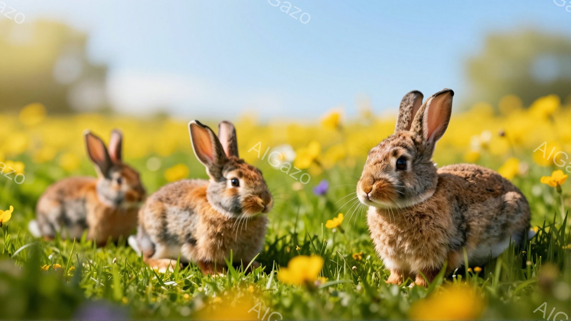 広大な緑の草原に、三匹のウサギが寄り添って座っています。明るい日差しの中で、黄色い花が咲き乱れ、温かく穏やかな雰囲気を醸し出しています。ウサギたちはカメラに向かって少し警戒しながらも好奇心いっぱいの表 - AI生成フリー素材