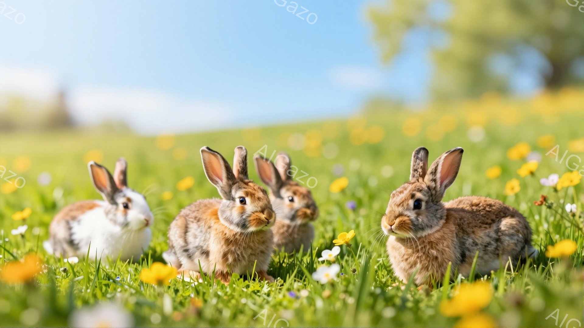 緑豊かな草原で、四匹のウサギが並んで座っています。一番左のウサギは白と茶色のまだら模様で、他の三匹は茶色の毛並みです。背景には黄色い花が咲き乱れ、穏やかで優しい雰囲気が漂っています。 - AI生成フリー素材