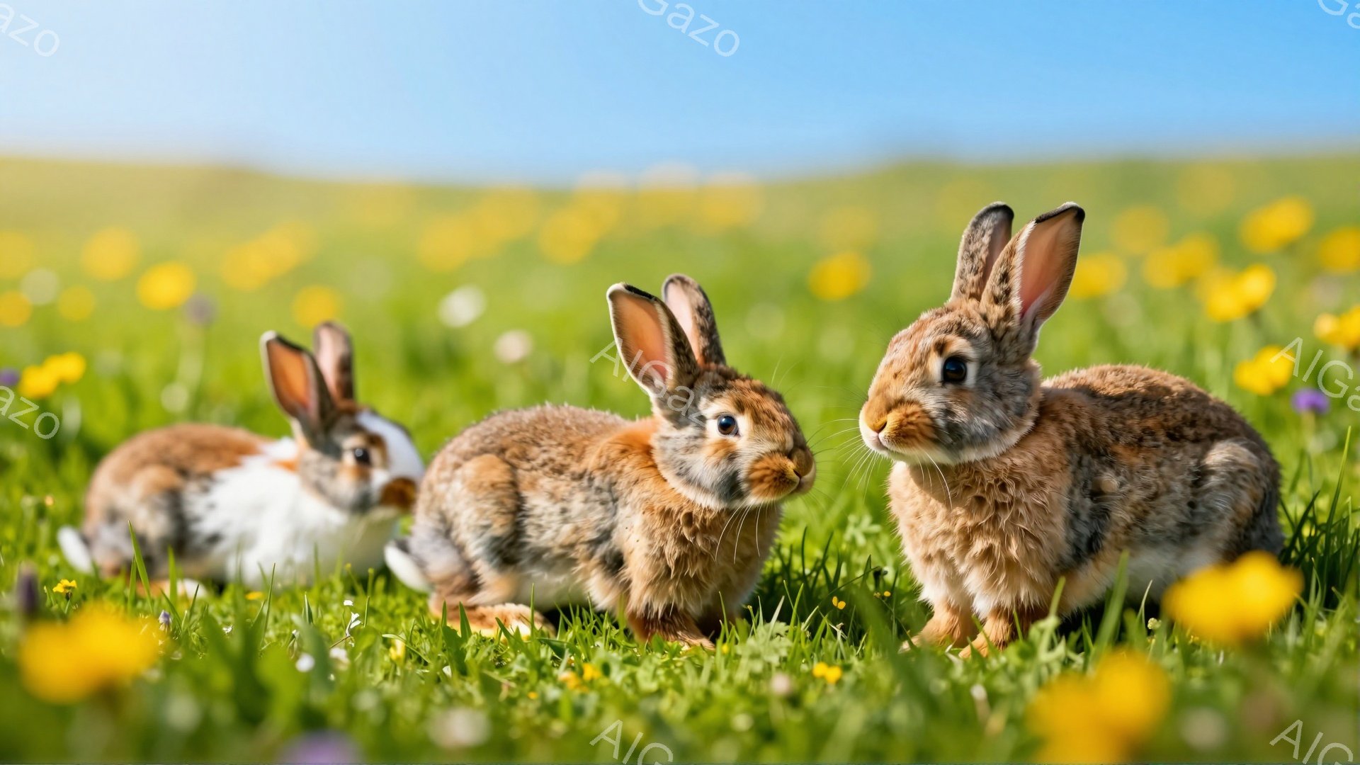 広大な草原に三匹のウサギが佇んでいます。手前のウサギは茶色と白のまだら模様で、他の二匹は同じような毛並みです。鮮やかな黄色の花々が咲き乱れる背景は、春の穏やかな雰囲気を醸し出しています。 - AI生成フリー素材