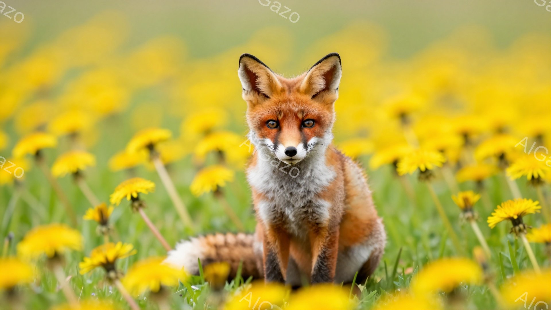 鮮やかなタンポポ畑に、毛並みの美しいキツネが座っている。キツネは前方をまっすぐ見つめ、どこか物憂げな表情をしている。背景は緑豊かな草むらで、暖かく柔らかな光が全体を包み込んでいる。