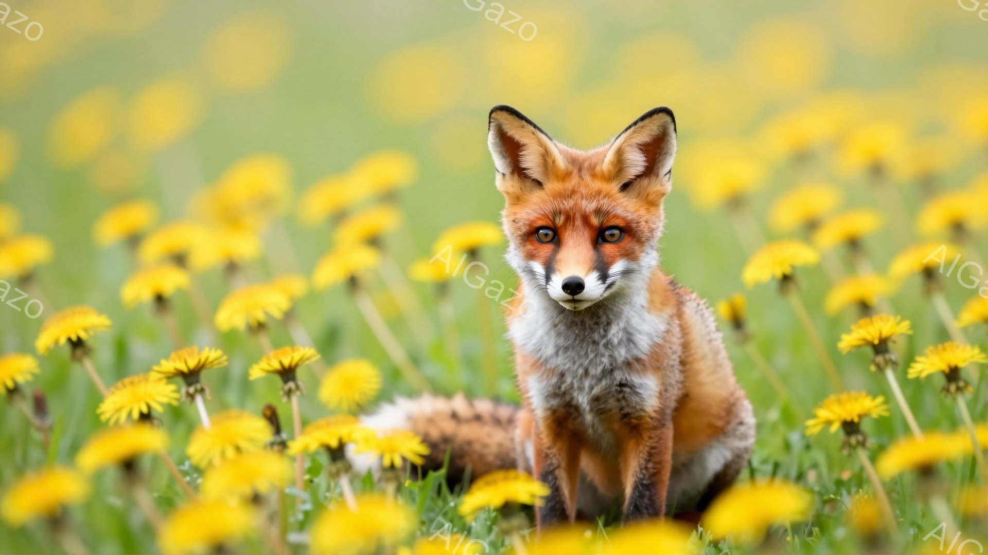 タンポポ畑に座るキツネが写っています。キツネはオレンジ色の毛並みで、前足を揃えて座り、カメラの方を見ています。背景は緑の草と黄色のタンポポで満たされ、穏やかで明るい雰囲気です。 - AI生成フリー素材