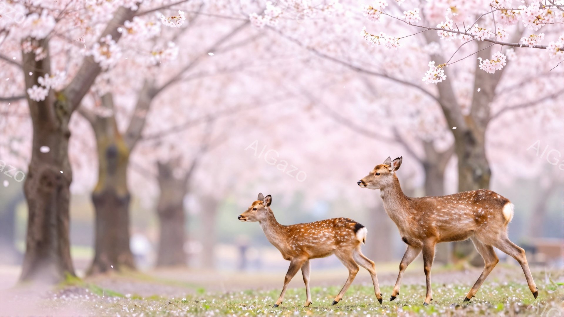 桜並木の中を、親子のような2頭の鹿が歩いている。桜の花びらが舞い散り、春の穏やかな雰囲気を醸し出している。背景には緑の草むらと、ぼんやりとした建物が見える。